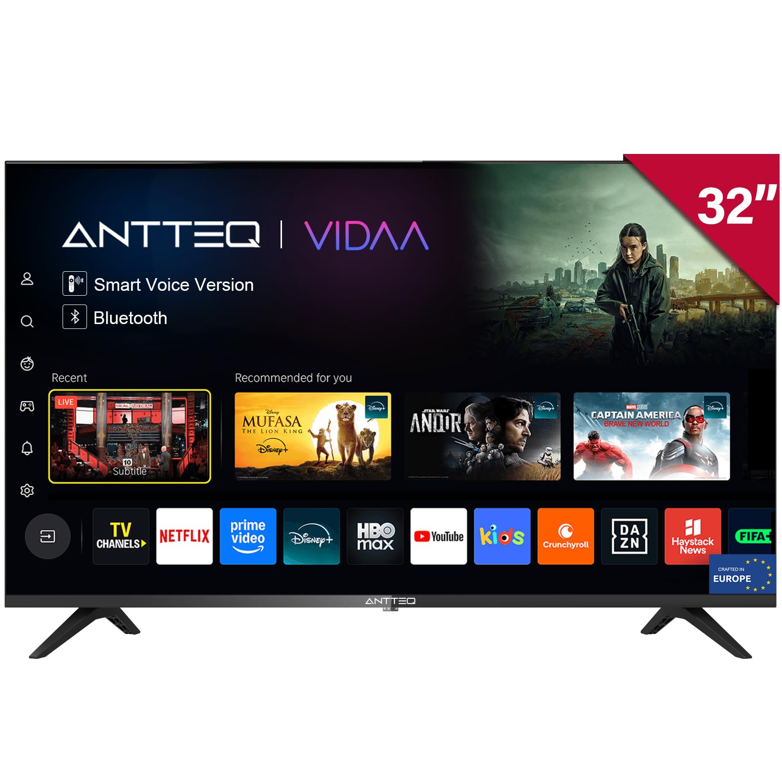 Antteq Vita Televisor Smart TV 32 Pulgadas (81 cm) con Bluetooth, Dolby Audio, WiFi, App Store, Compartir a TV, Netflix/Youtube/Pluto TV, Modelo 2026, V32-AH3Q1D-BT(HD Ready)