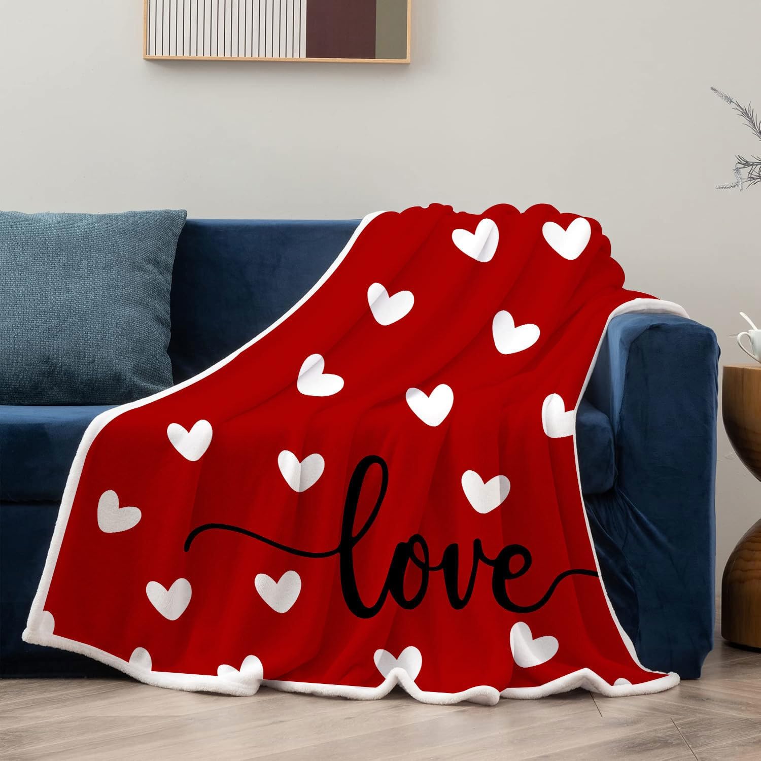 Valentine Throw Blanket, Red Love Hearts Flannel Warm Soft Cozy Fluffy Bed Couch Blanket, Romantic Home Chair Decoration, 50 x 60 Inch