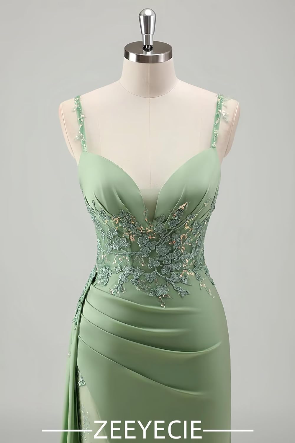 Zeeyecie V-Neck Satin Prom Dresses Mermaid Lace Applique Spaghetti Straps Sparkly Evening Formal Ball Gowns with Slit - Image 5