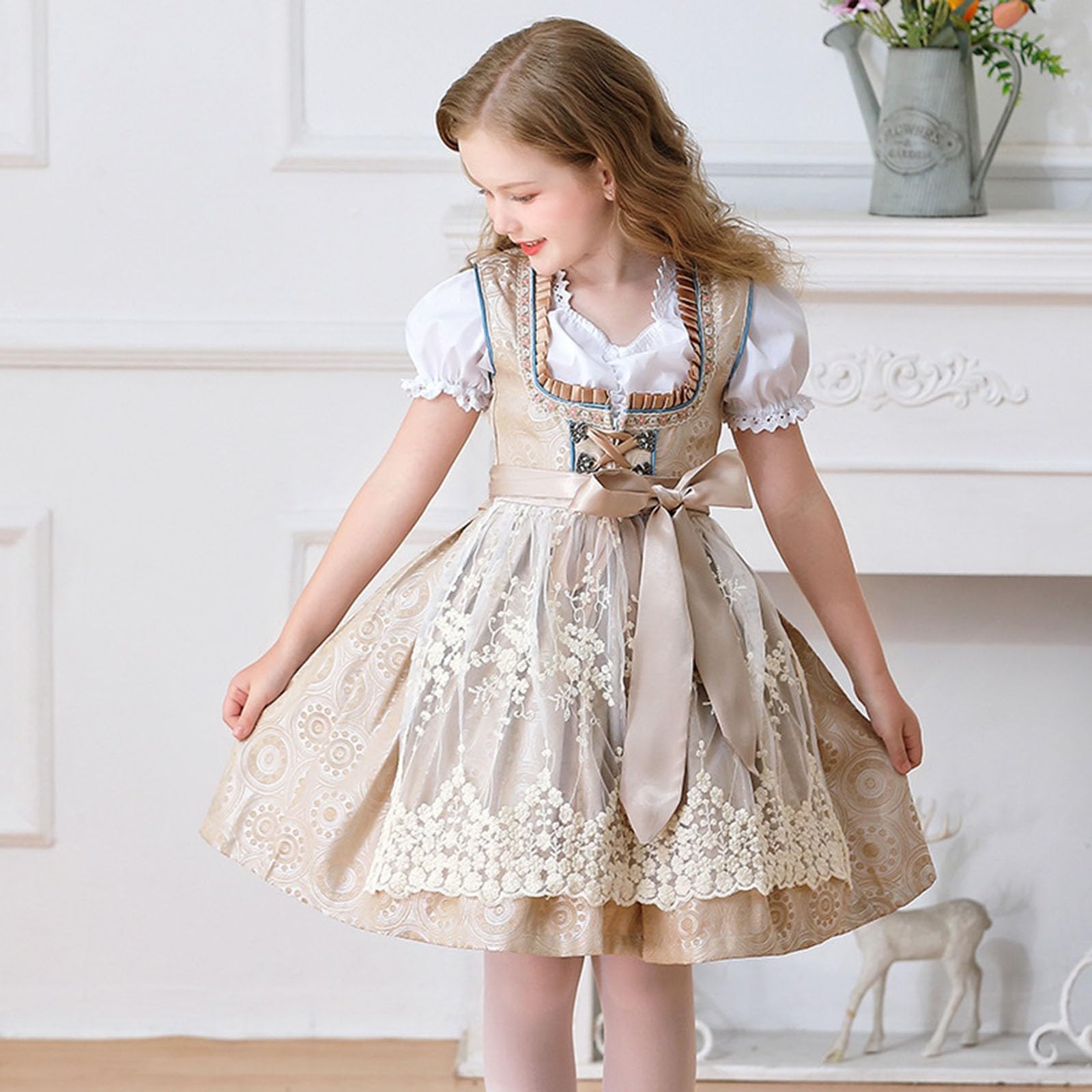Dirndl Mädchen Midi Oktoberfest Outfit Kinder mit Puff Kurzarm Trachtenkleid Blumen Dirndl Schürze Bayerische Karneval Kleidung Münchner Bierkostüme Deutsche Bierfest Kinderdirndl