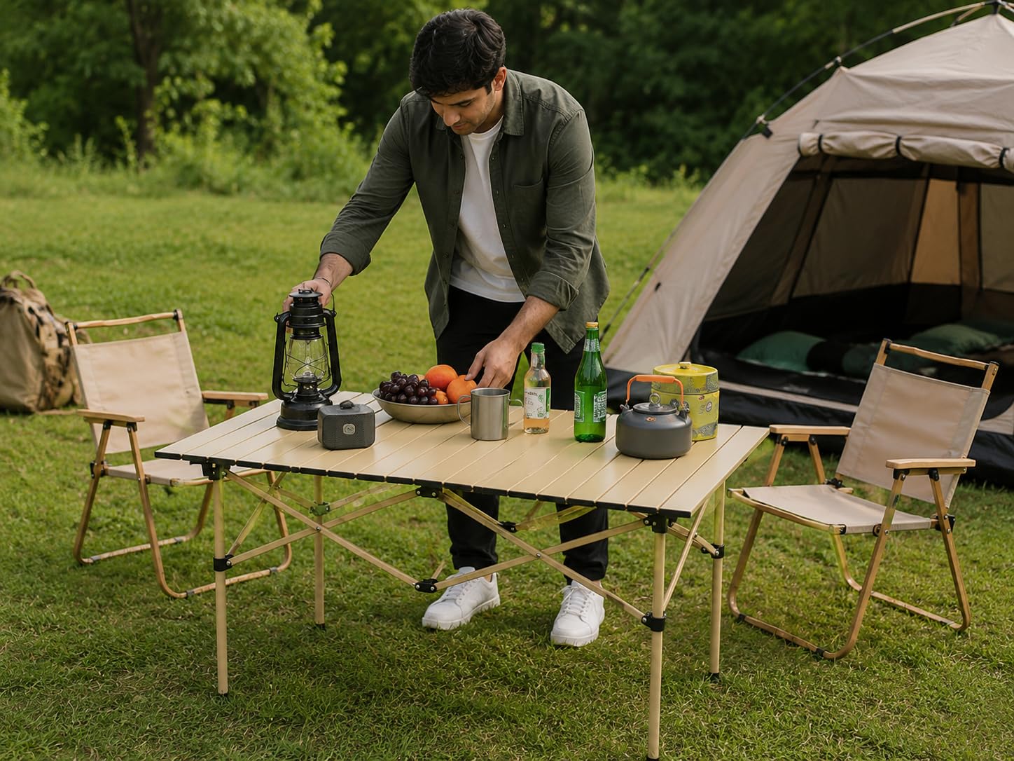 AURINA Foldable Camping Table for Outdoor Picnic & Travel | Portable Lightweight Aluminium Folding Table for Camping, BBQ, Garden, Patio & Beach Use | Compact Roll-Up Picnic Table (Beige) 4