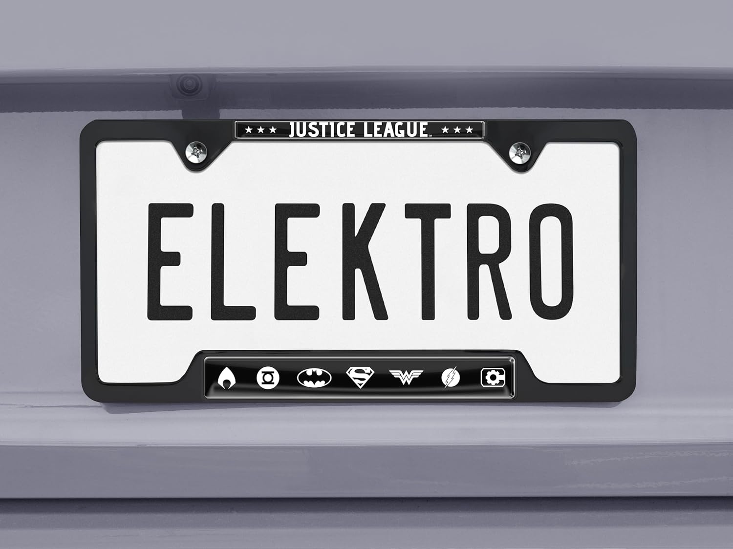 Elektroplate Officially Licensed - DC Comics Justice League White and Black All-Metal Open Corner Superhero License Plate Frame Tag Holder for Cars/SUVs/Trucks Weather-Proof Automotive Accessory