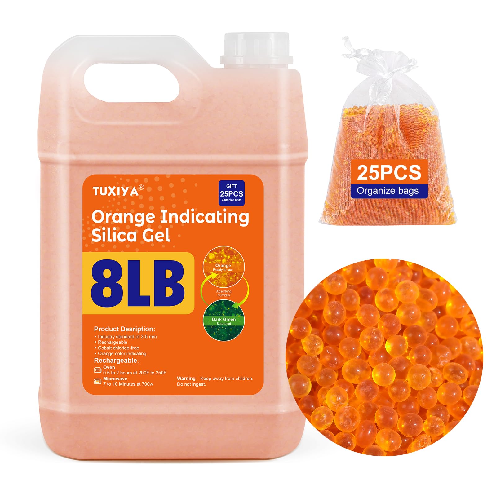 TUXIYA Cuentas desecantes de gel de sílice indicadoras naranjas de 8 libras (estándar de la industria de 3 a 5 mm), cuentas de gel de sílice recargables para filamento 3D, dispositivos electrónicos