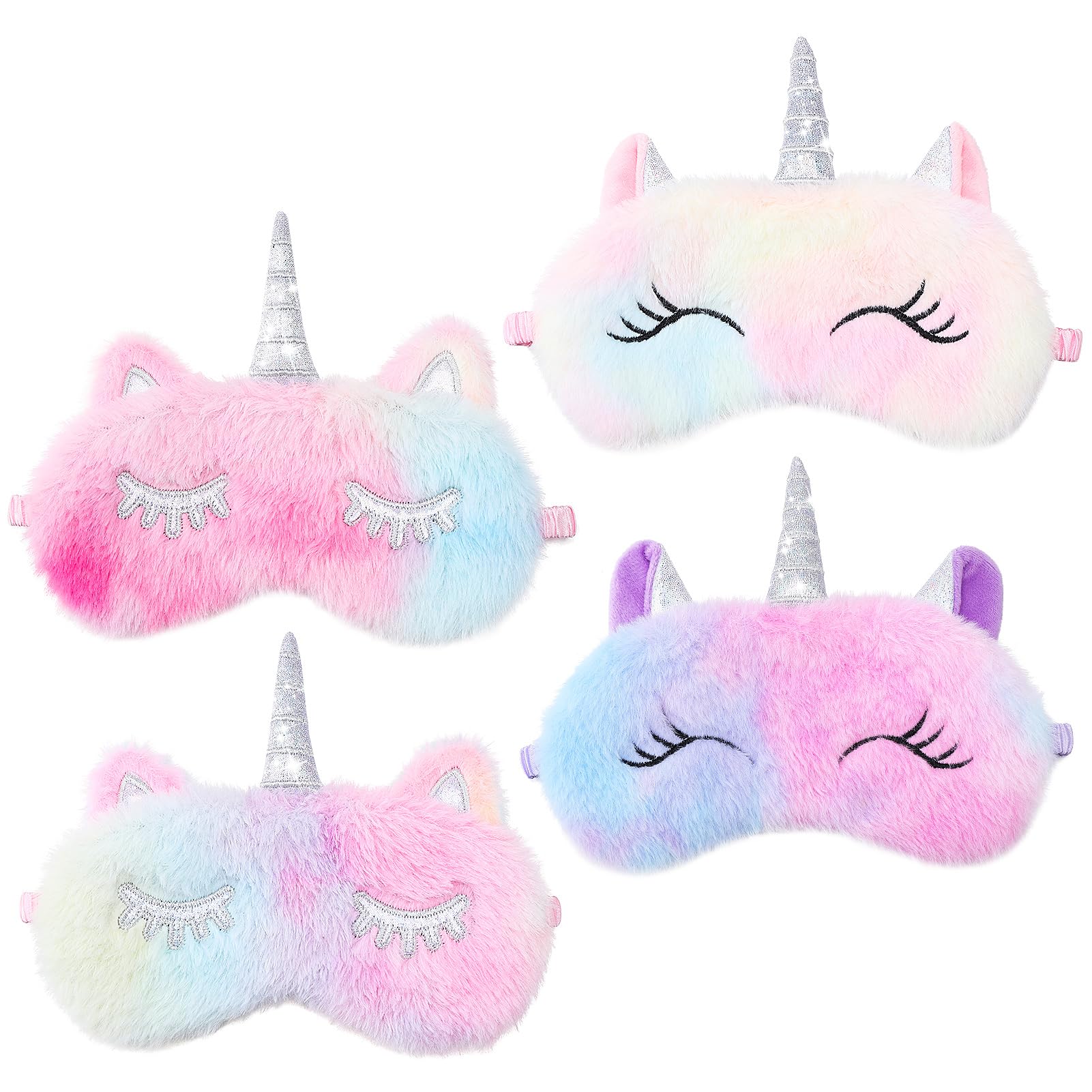 4 Pcs Fluffy Kids Eye Masks for Sleeping, Unicorn Blackout Kids Sleep Mask for Girls Kids Children Adult