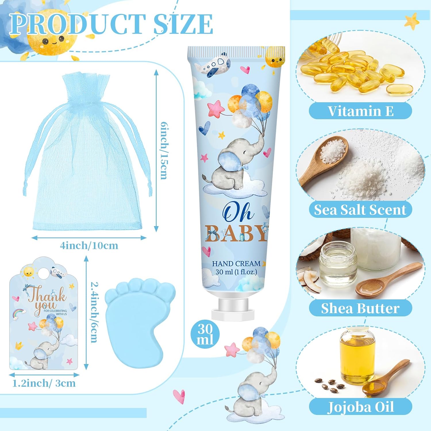 Loopeer 30 Set/120 Pcs Elephant Theme Baby Shower Favors for Guests Hand Cream Soap Party Favors Gifts Travel Size with Organza Bags, Thanks You Tag for Baby Shower Birthday Wedding Gifts