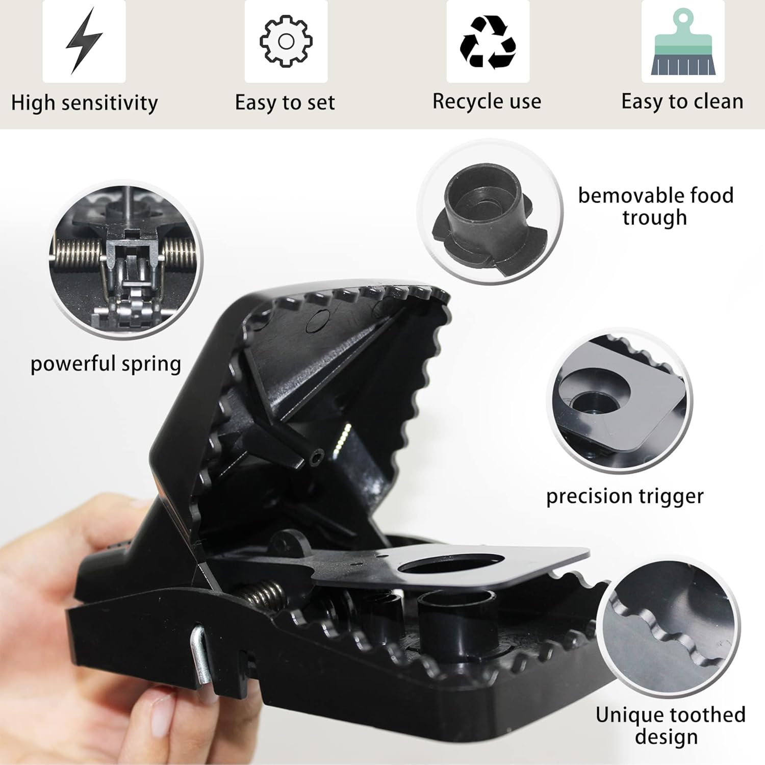 Mouse Trap,Reusable Rat Traps Indoor Or Outdoor,High Sensitivity, Powerful Bite, Easy to Operate, Suitable for Kitchen, Warehouse, Pasture, Yard，6-Piece Set, Black