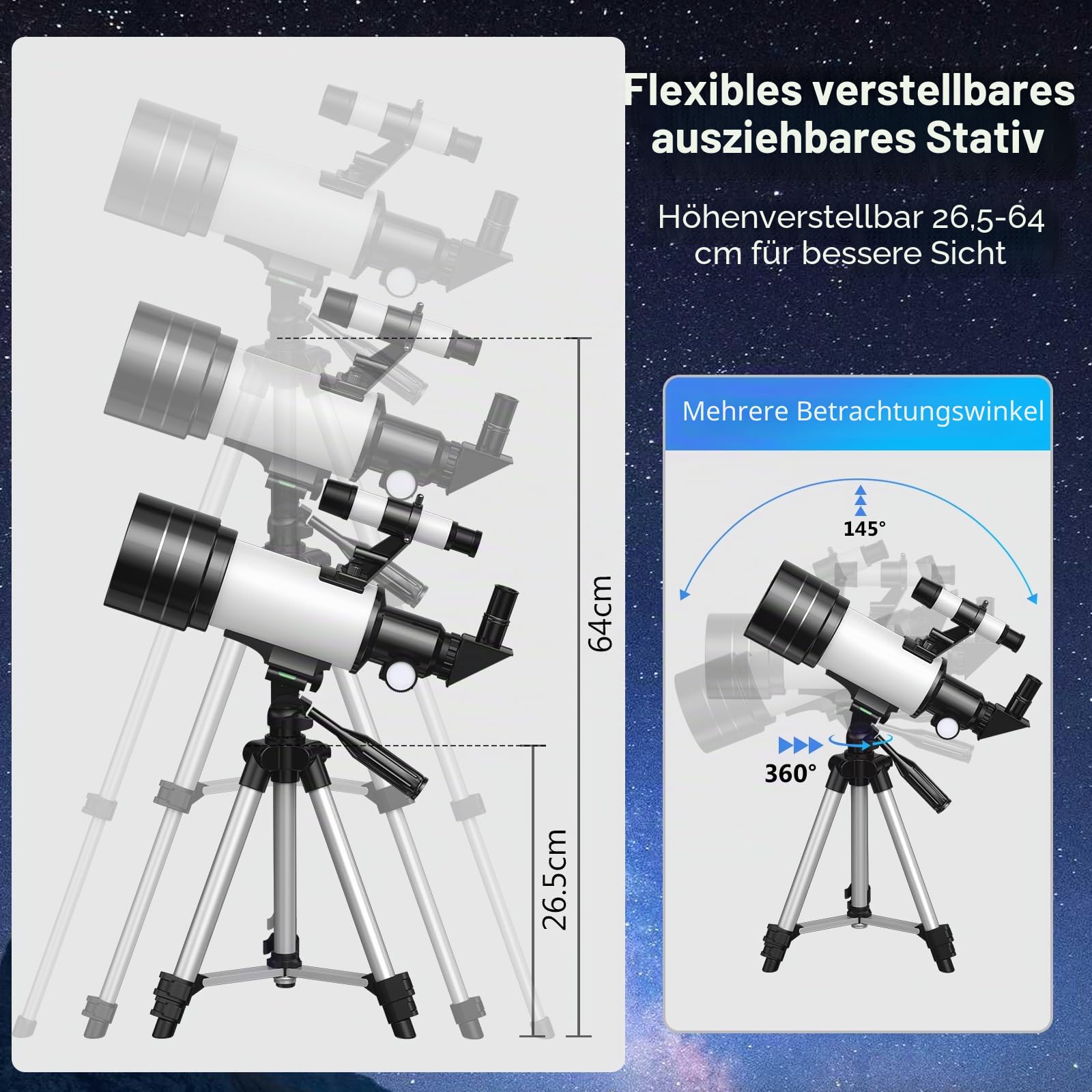 Astronomisches Teleskop Refraktor 70/300 mm, FMC Hohe Übertragung, Vergrößerung 15-150X, verstellbares Stativ, Telefonhalterung & Bluetooth-Fernbedienung, für Anfänger in der Astronomie, Erwachsene