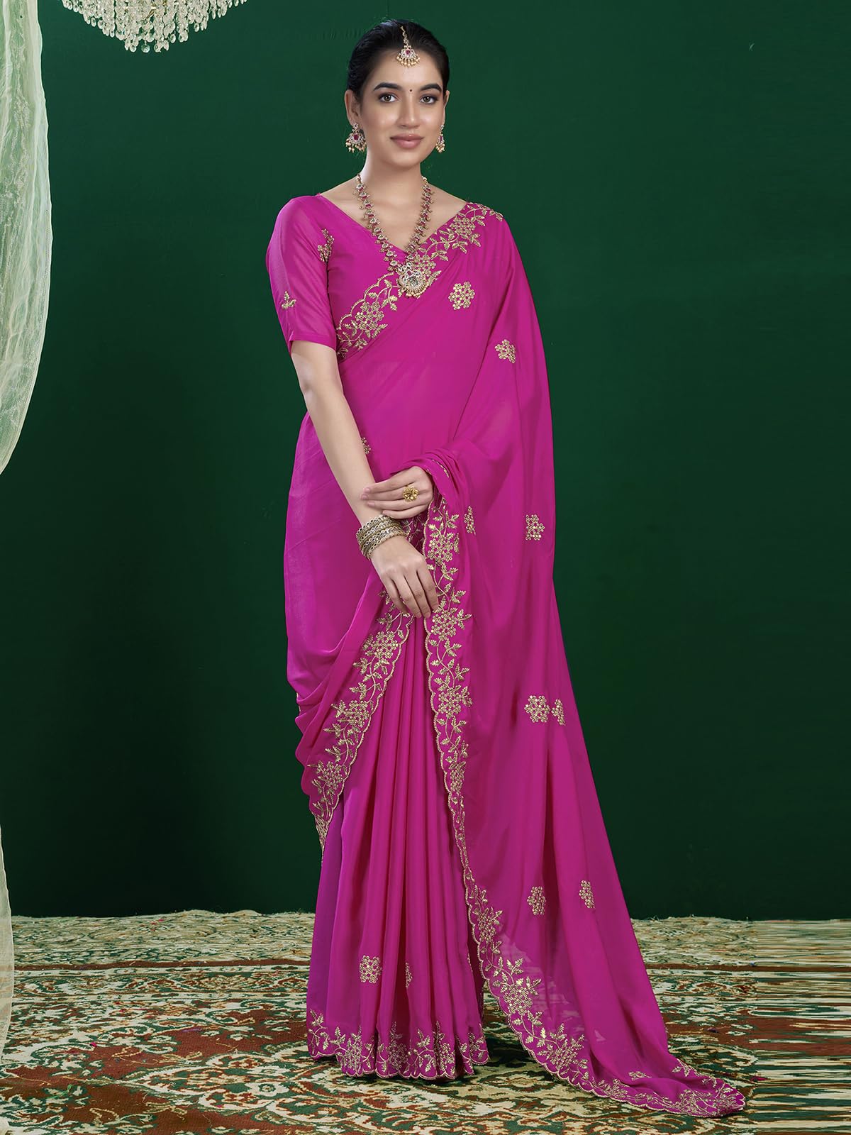 Satrani Women's Georgette Sequence Embrodery Scollped Border Saree With Unstitched Blouse Piece (4215S382N_Rani Pink)