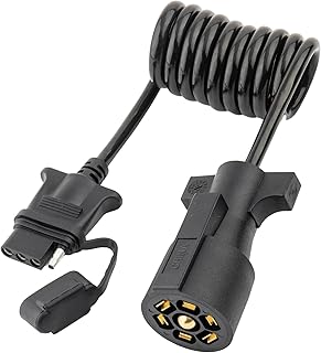 MECMO 7 Way Blade to 4 Way Flat Trailer Adapter Coiled Wiring Harness 5ft Male 7 Pin to 4 Pin Trailer Extension Cord Jacketed Cable, Heavy Duty 18AWG Copper 7 to 4 Wire Trailer Connector Plug 60 inch
