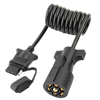 MECMO 7 Way Blade to 4 Way Flat Trailer Adapter Coiled Wiring Harness 5ft Male 7 Pin to 4 Pin Trailer Extension Cord Jacketed Cable, Heavy Duty 18AWG Copper 7 to 4 Wire Trailer Connector Plug 60 inch