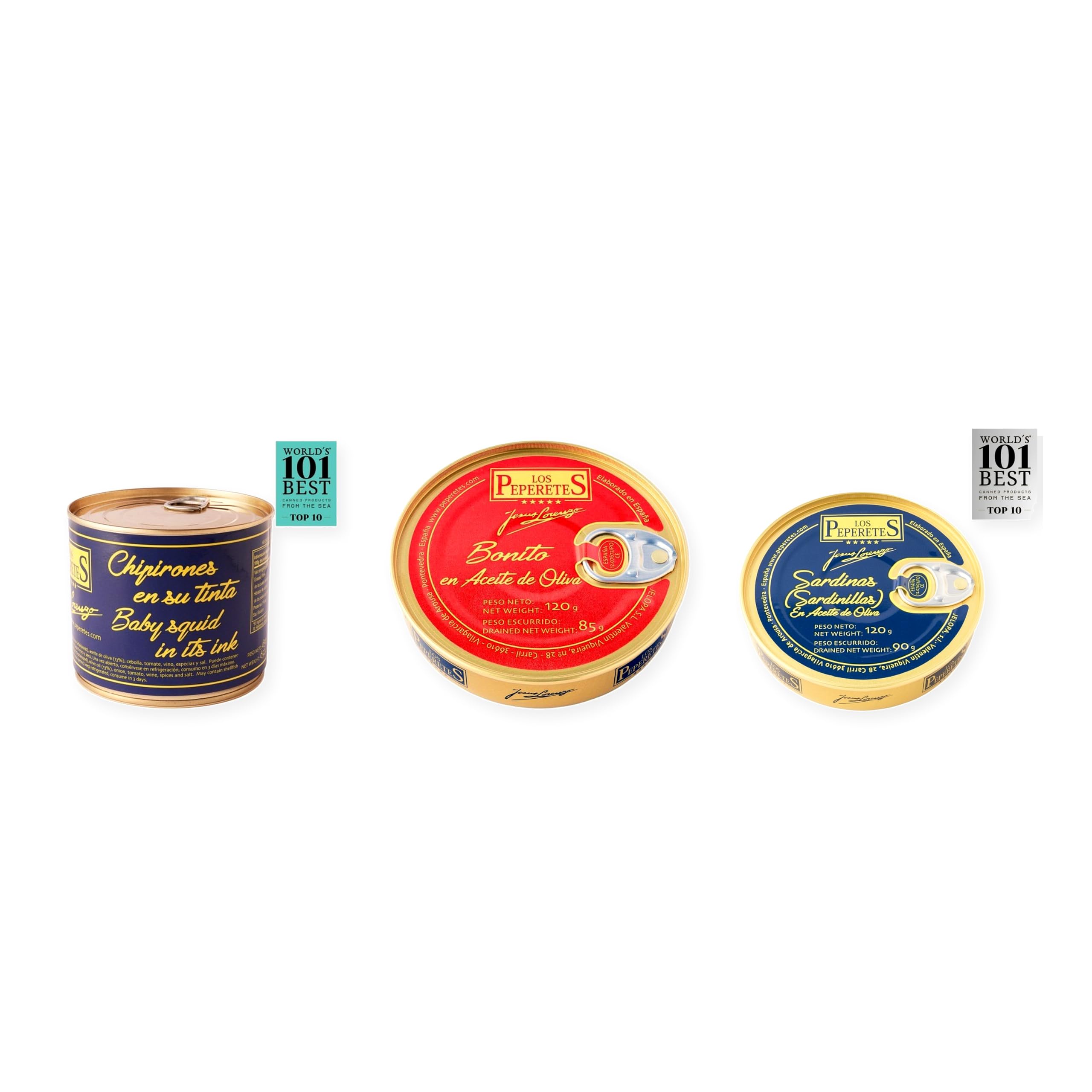los peperetes conservas Chipirones Tinta 460g, Bonito Aceite Oliva y Sardinillas Aceite Oliva pack 3 latas