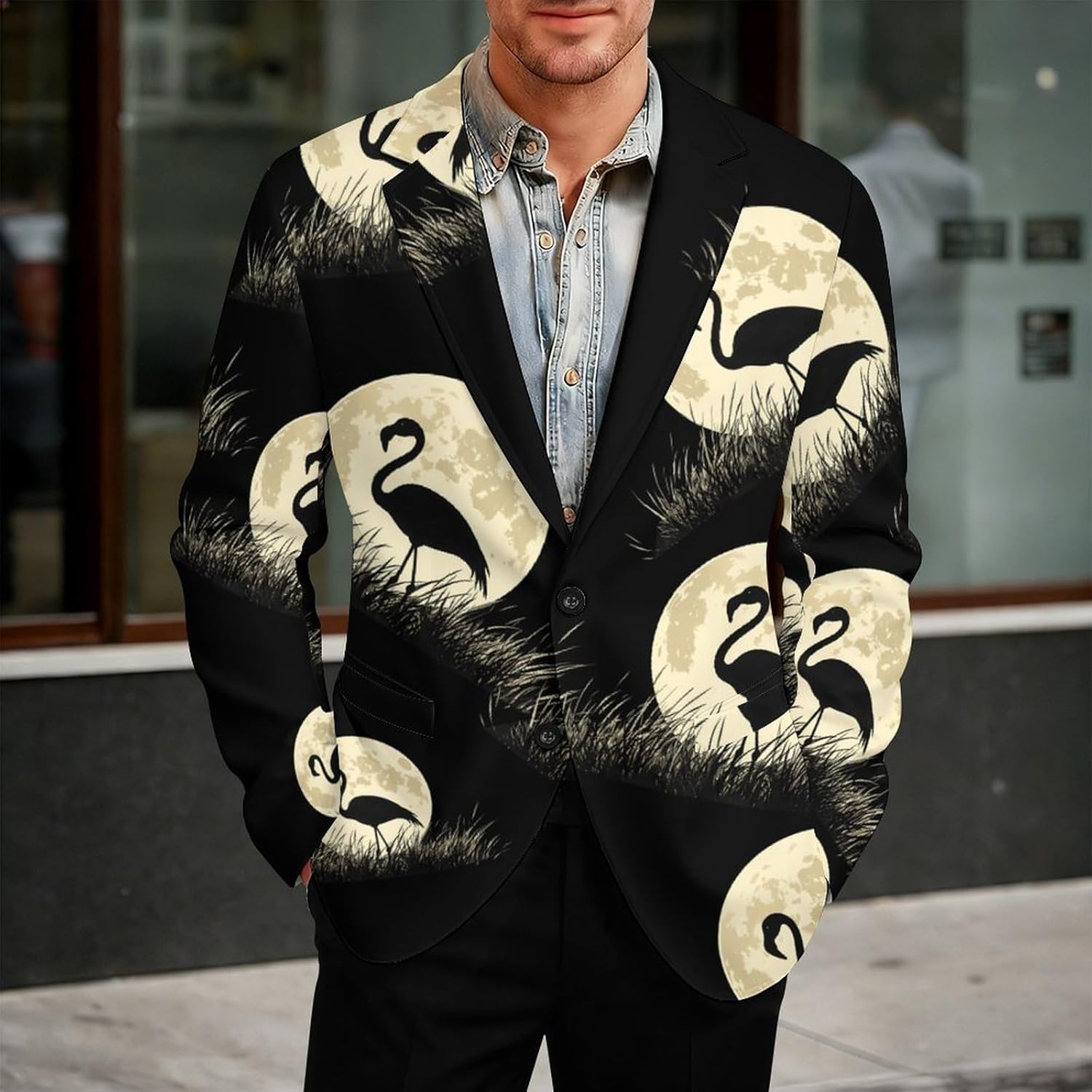 Flamingoes Meadow Full Moon Suits Blazer for Men Two Buttons Business Jacket Coat Wedding Dinner Party