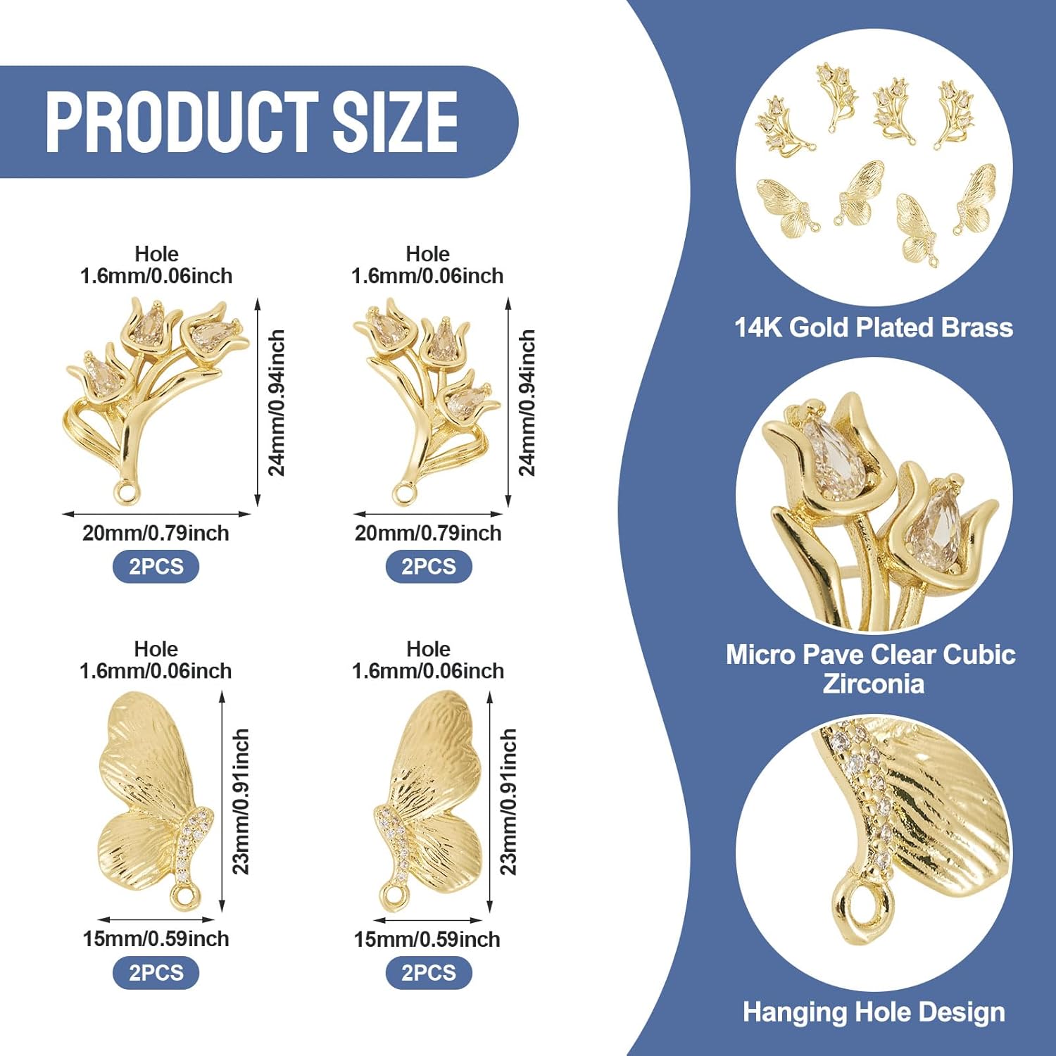 Beadthoven Flower Butterfly Post Earring Studs with Loop, 18K Gold Plated Brass Earring Posts Christmas Crystal Cubic Zirconia Ear Pins for DIY Jewelry Making Findings Hole: 1.6mm Pin: 1mm 8PCS - Image 2