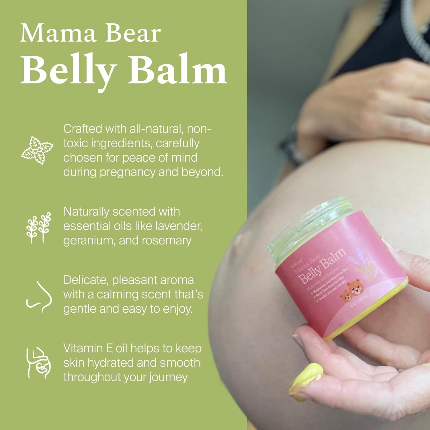SPRIGS Belly Balm, 4 oz | Natural Moisturizing Cream for Pregnancy & Postpartum | Nourishing Body Butter for Dry Skin | Non-Greasy & Made with Relaxing Lavender Essential Oils & Soothing Cocoa Butter