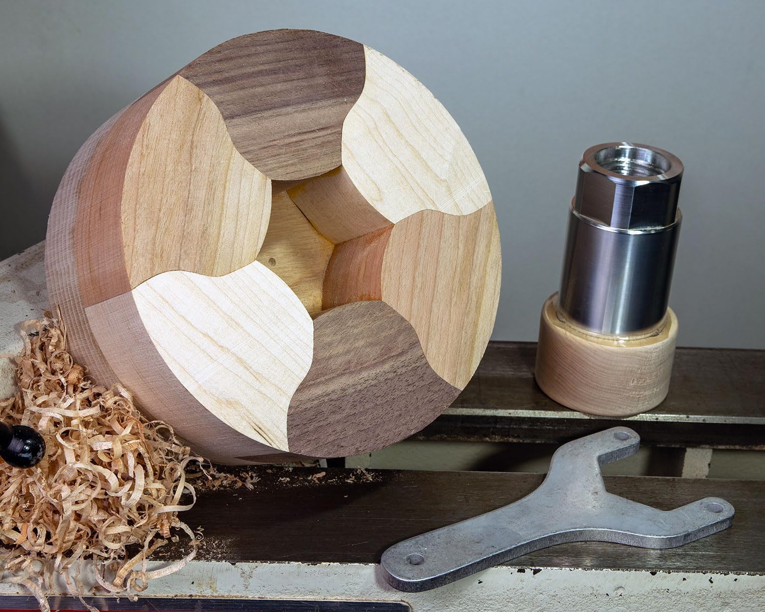 Bundle - Maple/Walnut/Cherry Segmented Bowl Blank plus Glue Hub with waste block and wrench, USA Made (1-8 Threads)