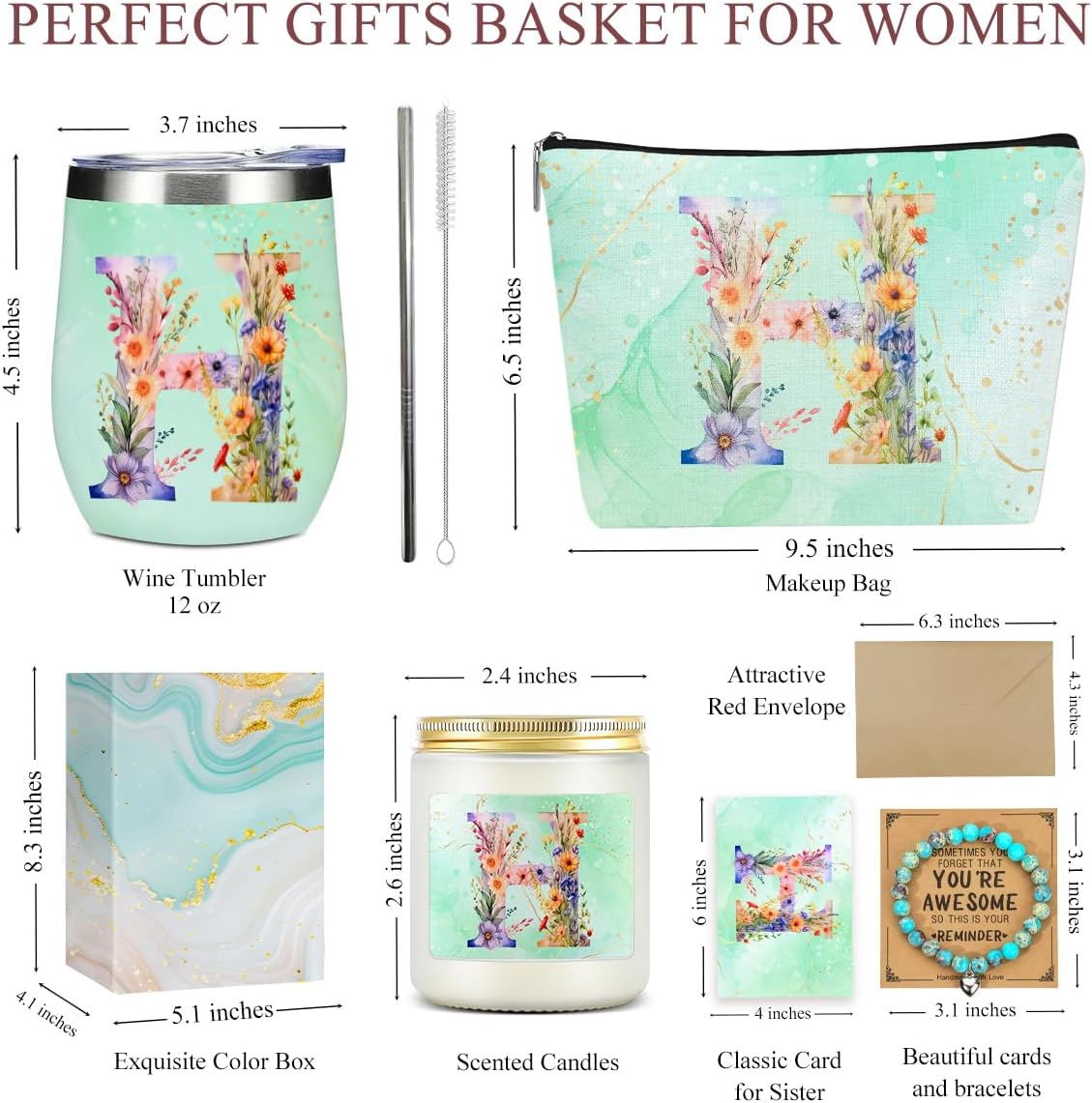 Personalized Gifts Monogrammed Birthday Gifts for Women, Bridesmaid Bachelorette Party Christmas Initial Wine Tumbler Makeup Bag Scented Candle Bracelet Set, (Aesthetic Green Flower H) - Image 2