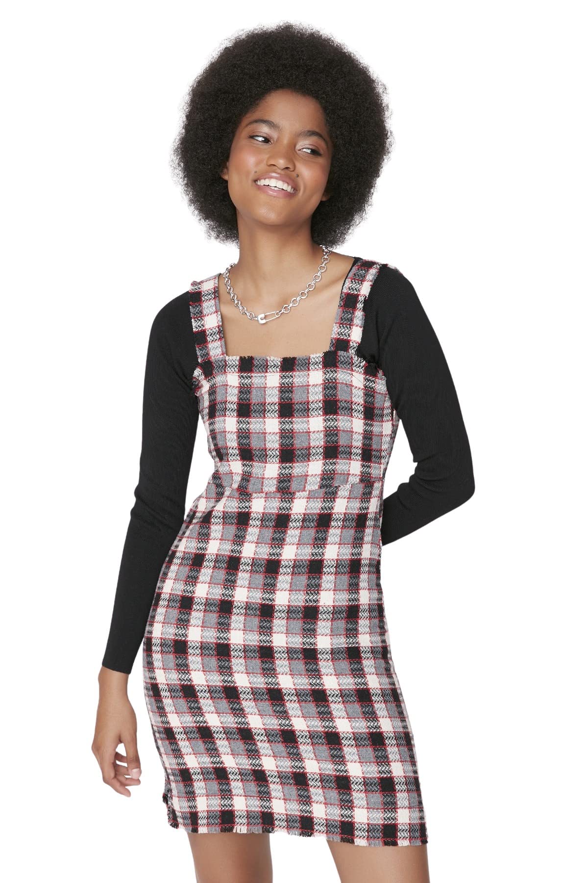 TRENDYOL Damen Trendyol Women's Midi A-line Crew Neck Woven Fabric Dress Kleid, Schwarz, 38 EU