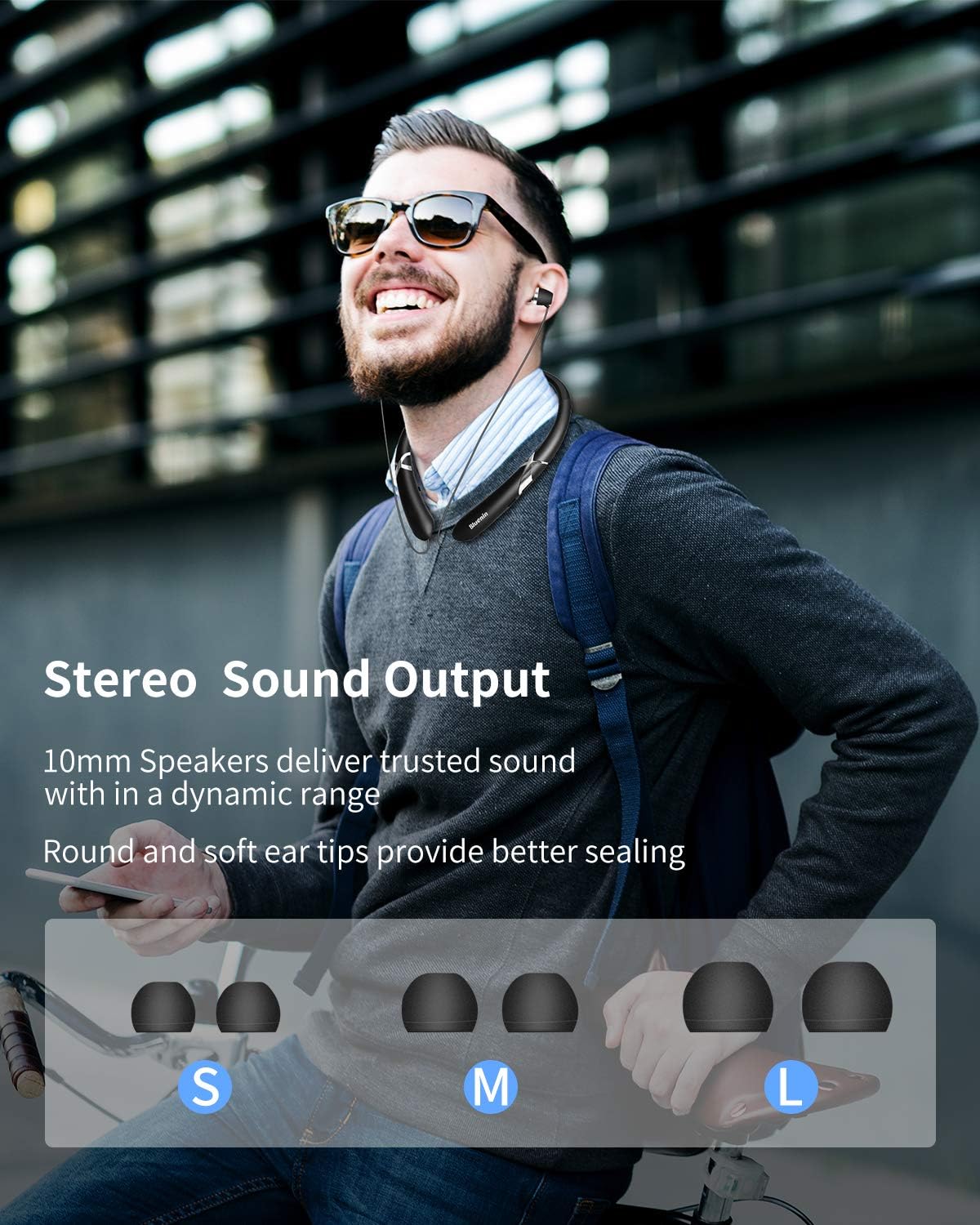Bluenin HWS-918 headphones with battery icon indicating 15 hours of play time and 500 hours standby