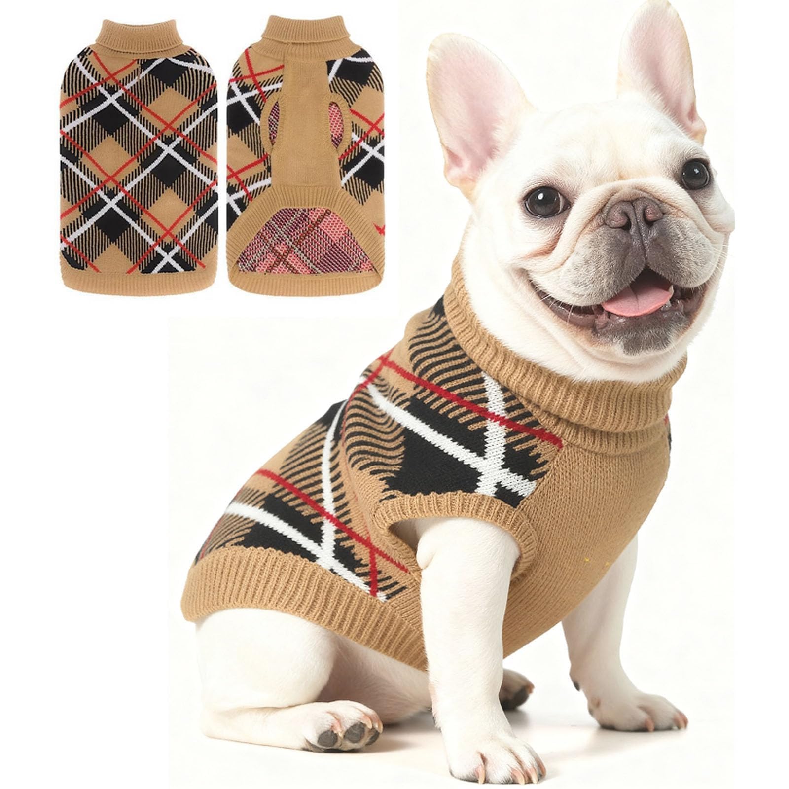 EXPAWLORER Plaid Knitted Dog Jumper Turtle Neck, Beige S