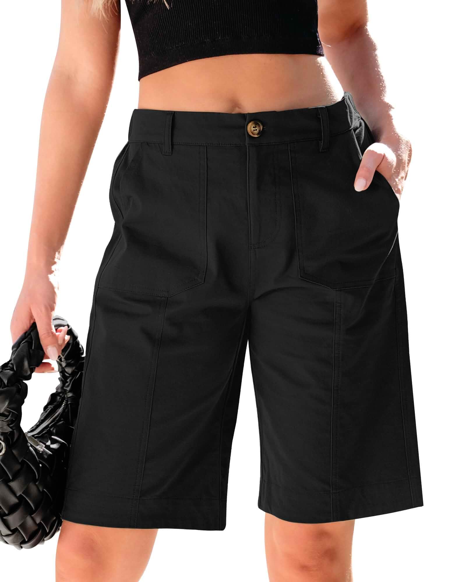luvamia Bermuda Shorts for Women Knee Length High Waisted Long Chino Shorts 11 Inch Inseam Dressy Casual Chino Shorts, High Rise Fit, Elastic Back Waistband, Long Bermuda Shorts, Summer Vacation Outfit