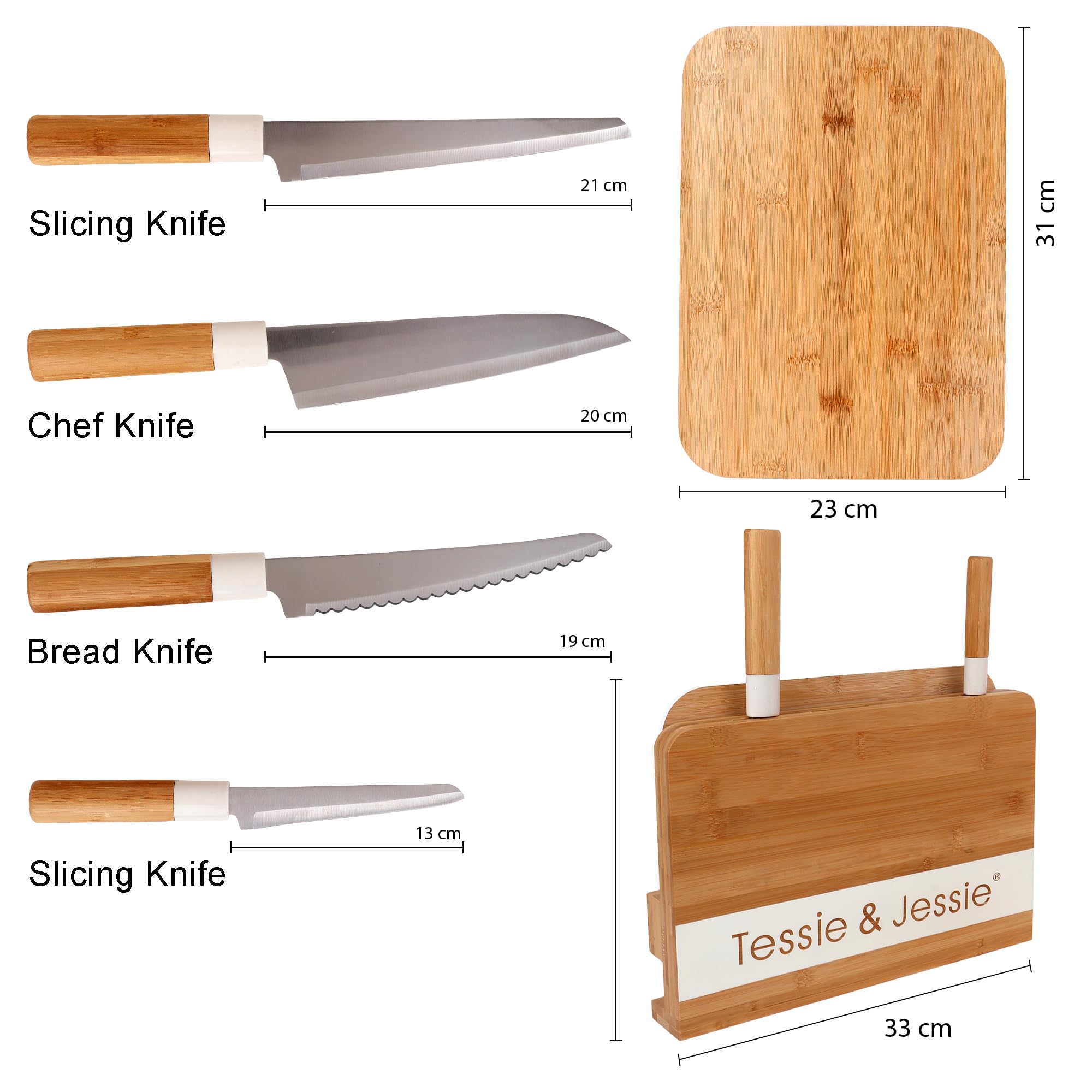 Merish Bamboo Cheese Board Set, Charcuterie Platter and Serving Meat Board Including 2 Slicing Knife,1 Chef Knife,1 Bread Knife (Brown)