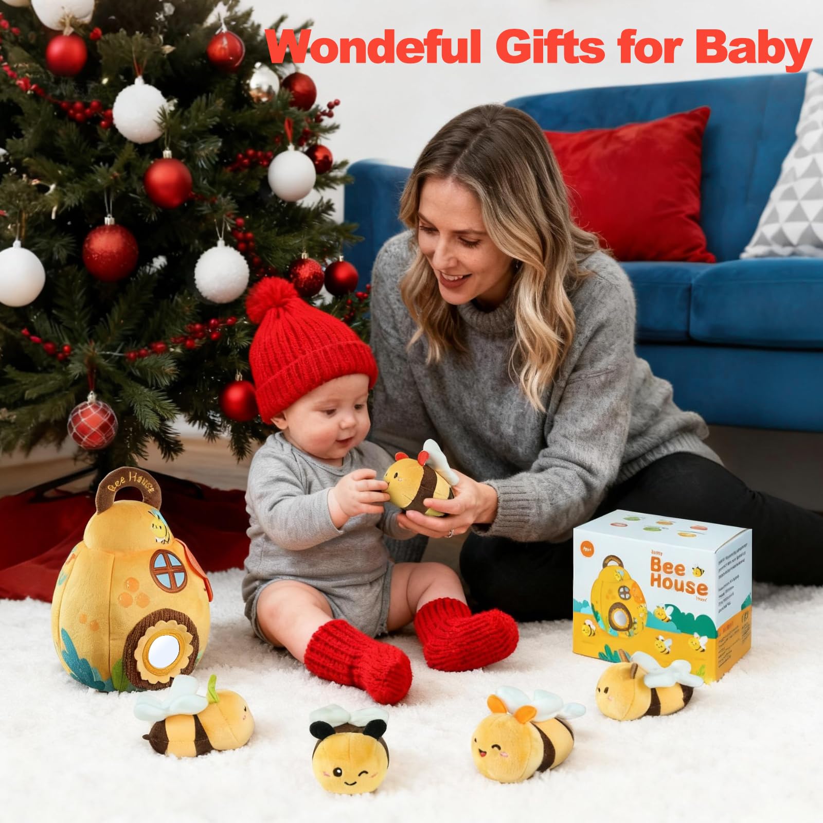 Baby Toys for Baby Infant 0-3-6-12 Months, Soft Beehive Toddlers Busy Toys with 5 Sensory Plush Bees - Bells, Crinkle, Rattles, Mirror & Textures, Stuffed Animals for Boy, Girl Christmas Birthday Gift