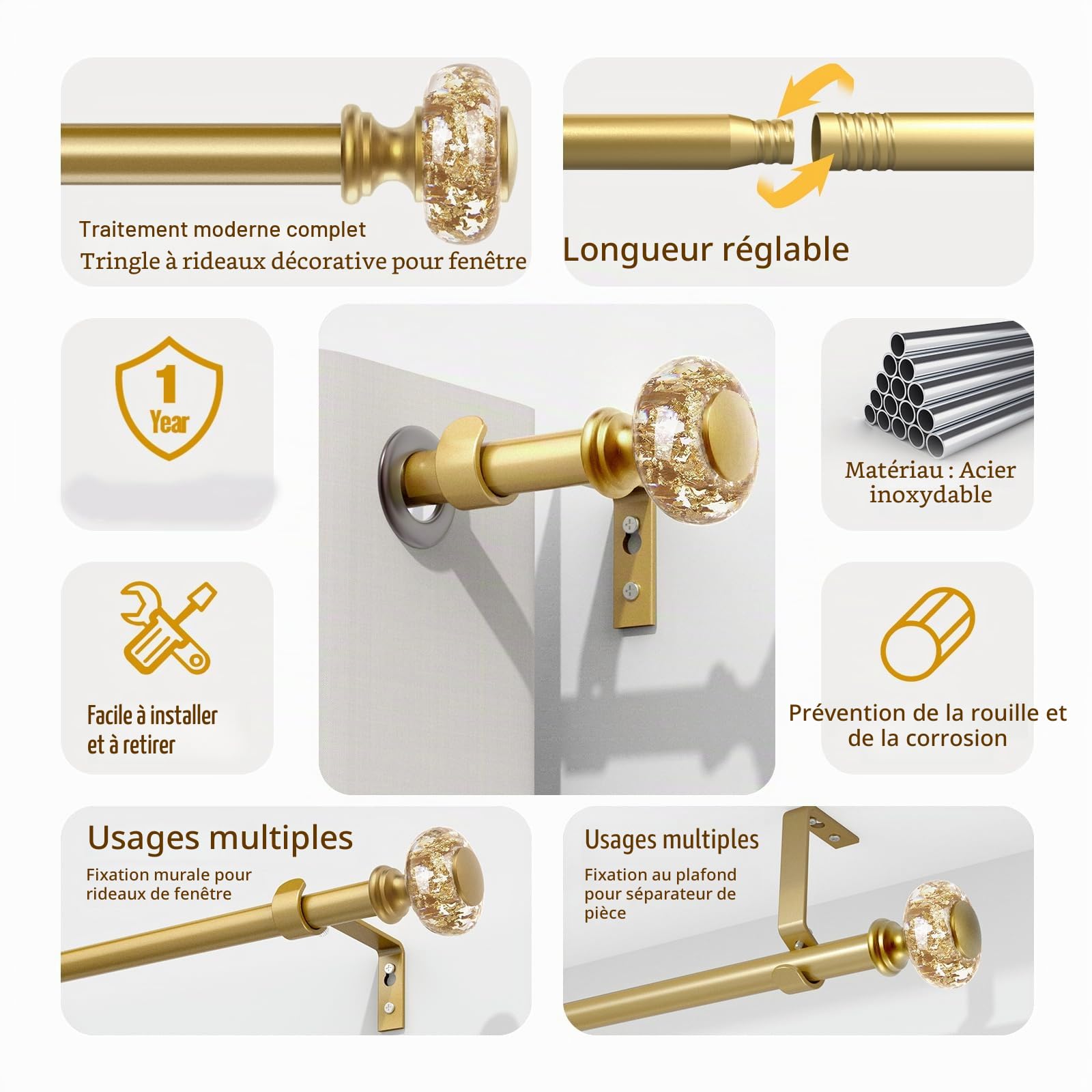 Tringles à rideaux dorées pour fenêtres de 81,3 à 183 cm : tringle à rideaux réglable en acrylique de 2,5 cm avec embouts en feuille d'or translucide - Tringle à rideaux décorative simple pour chambre