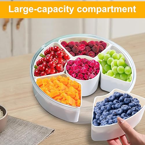 Miniatura 3 de Longzhuo Bandeja de verduras con tapa, bandeja dividida para servir con 6 compartimentos, recipiente redondo para aperitivos, bandeja de aperitivos