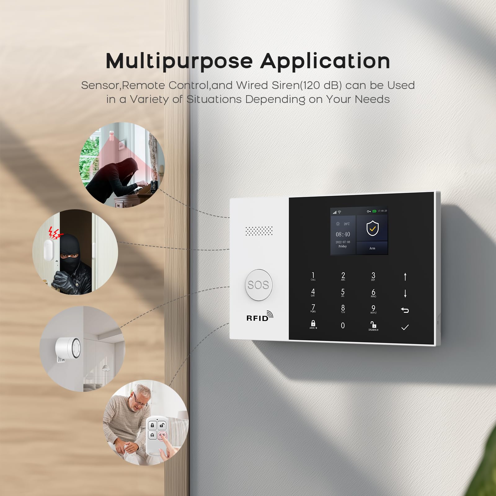 Sistema di Allarme GSM/WiFi con Sirena di Allarme da 120 dB, Telecomando Intelligente, display LCD, Annuncio vocale, Sicurezza per casa, ufficio