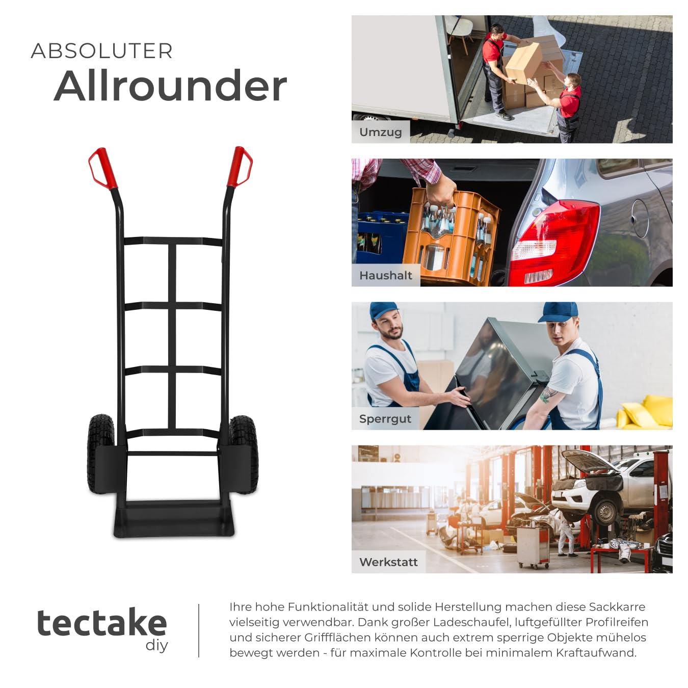 tectake® Sackkarre mit Ladeschaufel, Sackrodel mit Stahlrahmen, Räder Gummi-Luftbereifung, belastbar bis 200 kg, Transporter für Getränkekisten, für Umzug, Waschmaschine - schwarz