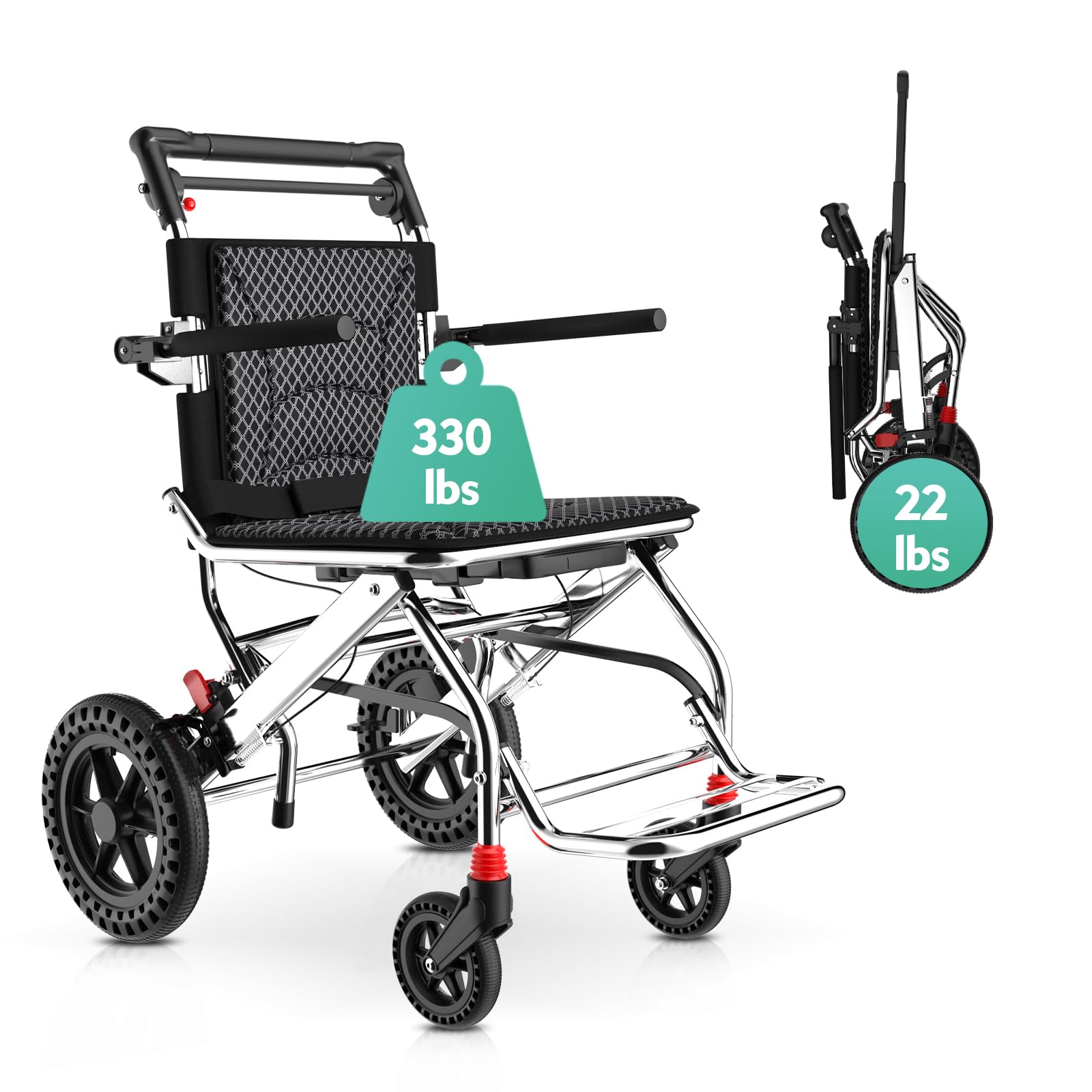 bbyekctc Lightweight Folding Wheelchairs for Adults, Lightweight Portable Wheelchair, Transport Travel Chair with Locking Handbrake, Wheelchairs for Elderly Seniors and Children
