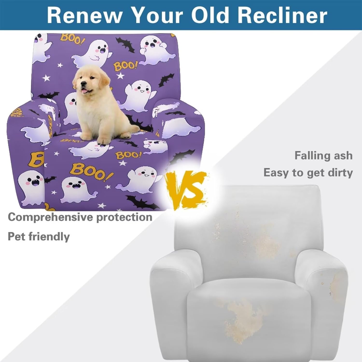 FOR U DESIGNS Cute Ghost Bat Slipcovers for Recliners 4 Pieces Stretchy Cover Storage Pockets Non Slip Protects Furniture Washable Recliner Chair Covers