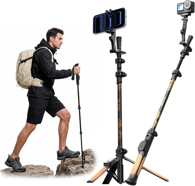 TrekShot Trípode/palo selfie de fibra de carbono, bastón de senderismo 3 en 1 | Trípode extensible para teléfono de 58 pulgadas para iPhone y cámaras de acción, monopié de Vlog de viaje en solitario para senderismo, acampada y creadores al aire libre