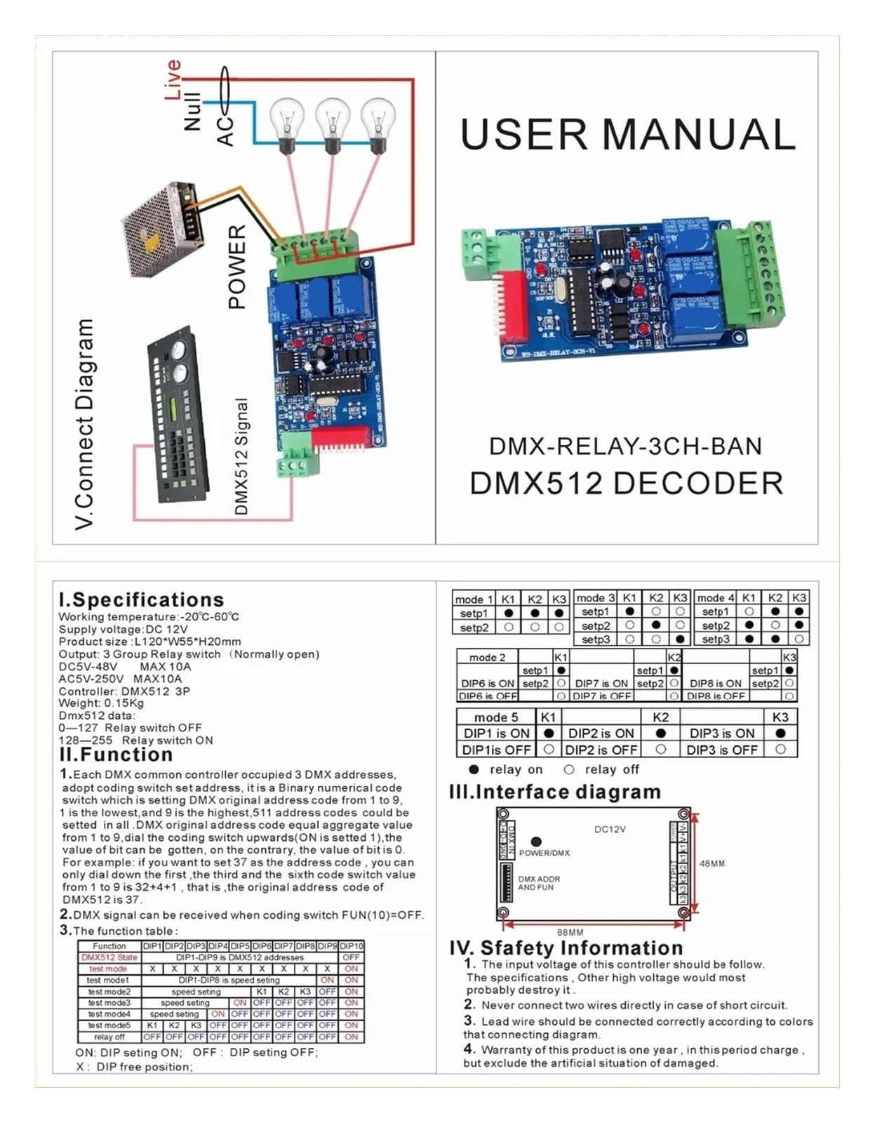 1 unidad WS-DMX-RELAY-3CH-BAN DC12V 3CH controlador de relé 10A * 3CH 512 decodificador RGB LED tira de luz módulo nodo de descarga