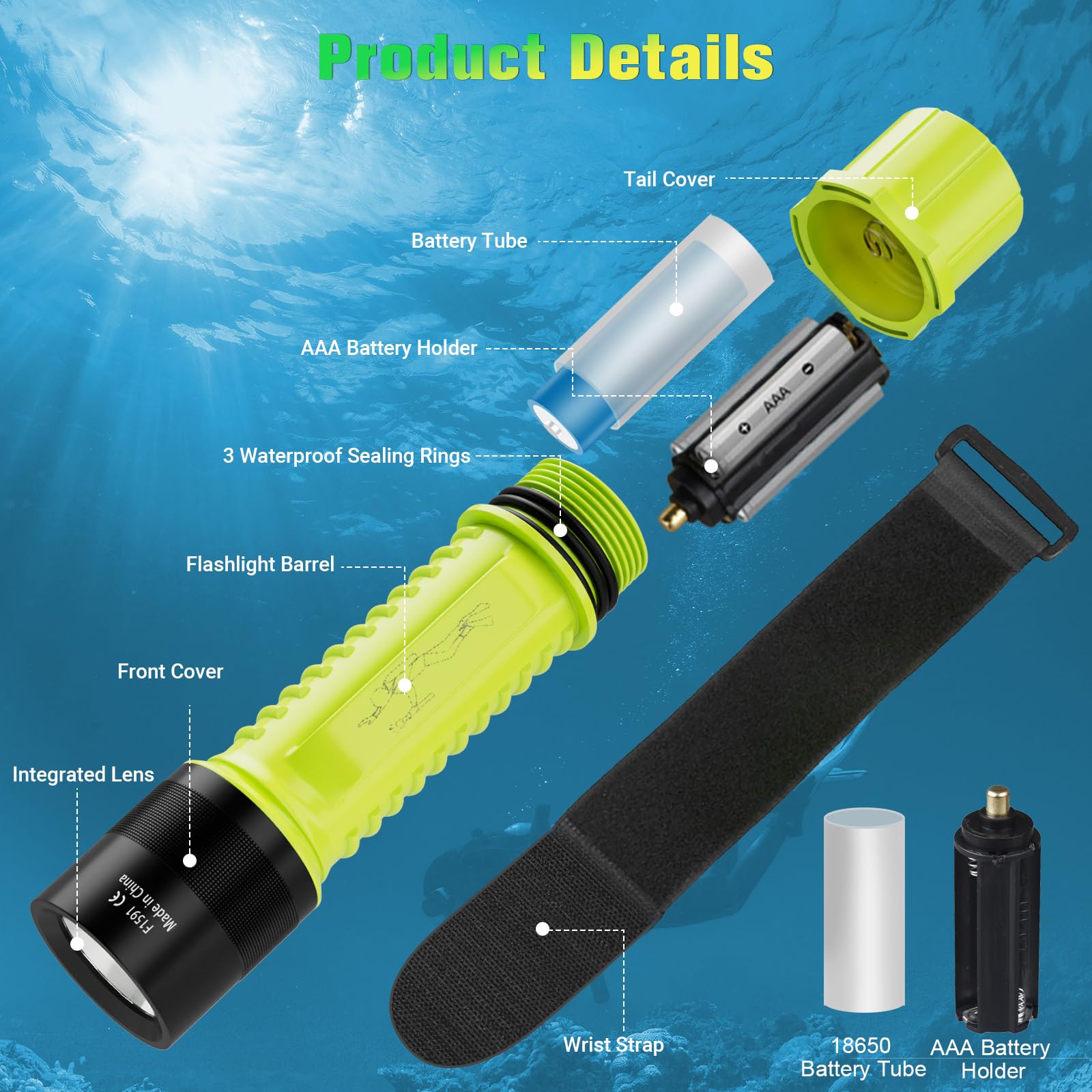 NAKCNM Tauchlampe 2 Stück, IPX8 Wasserdicht Wiederaufladbar Taucherlampe LED mit 3 Modi, 1200 Lumen Batteriebetrieben Unterwasser Taschenlampe Taucherleuchte zum Tauchen, Schnorcheln, Angeln