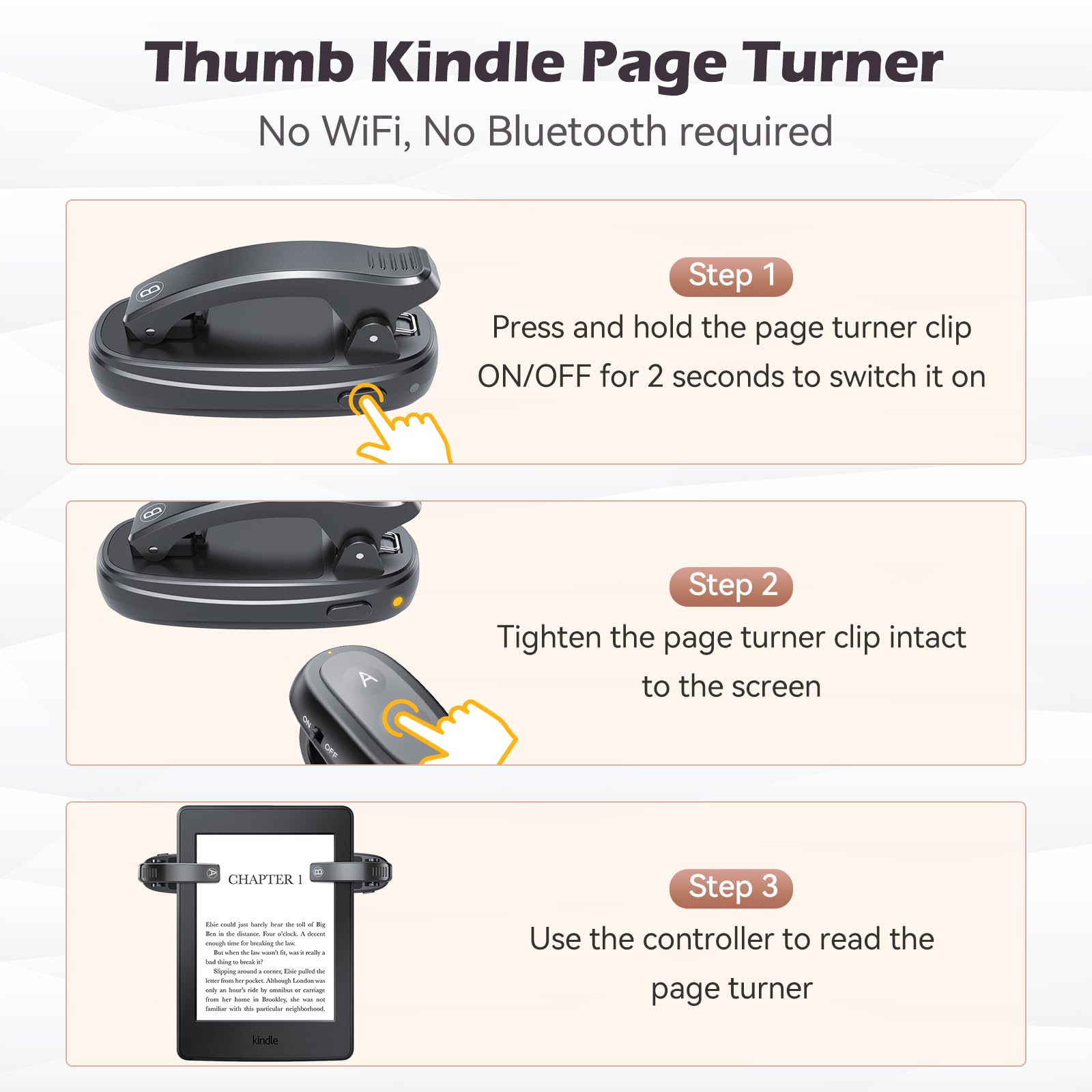 Pilot RF, Kindle Page Turner z ładowaniem USB-C, klips A i B, wskaźnik LED, zabezpieczenie przed odciskami palców, długi czas czuwania dla czytników e-booków — łatwa obsługa jedną ręką