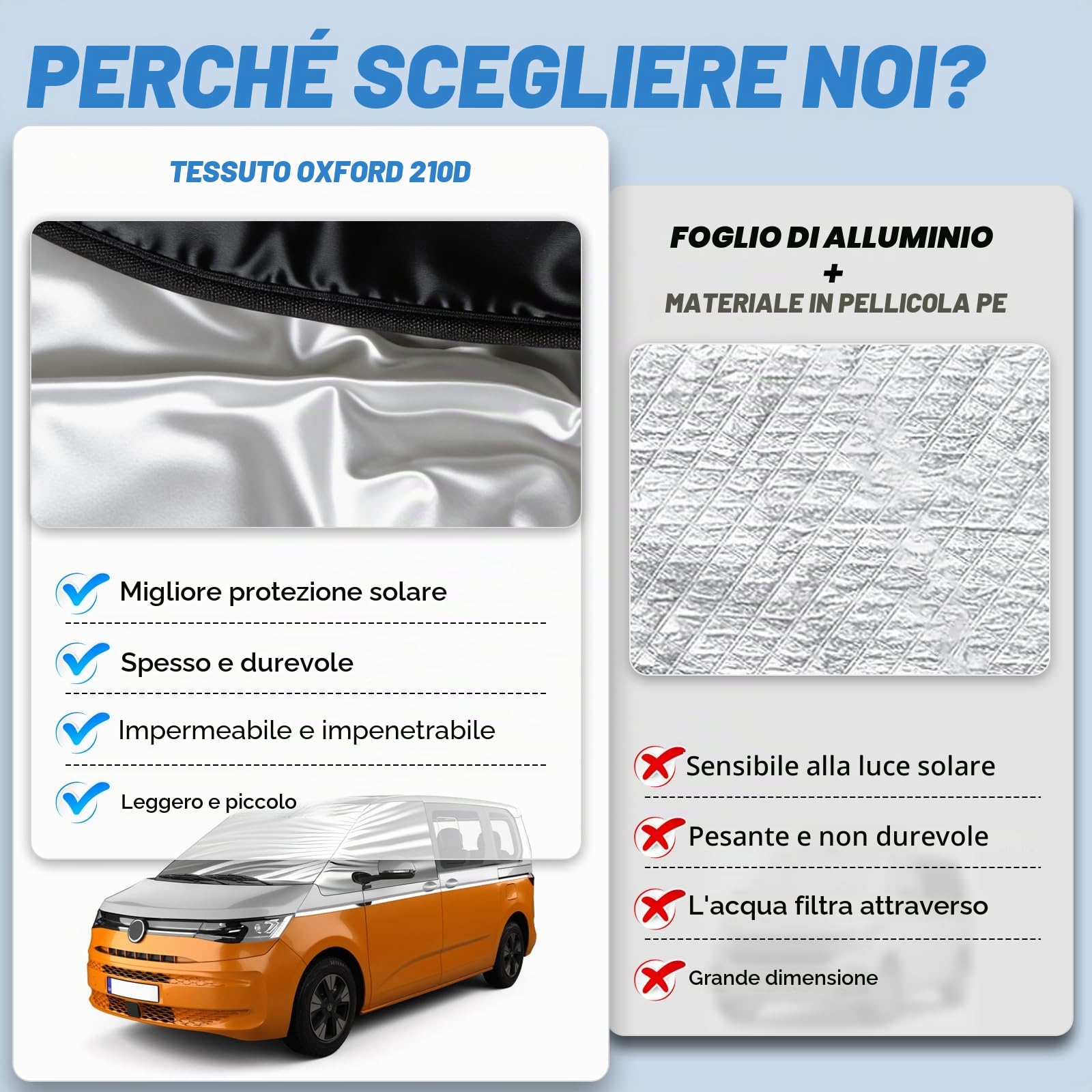 Copertura per parabrezza di ricambio per VW Caravelle/Transporter/Multivan T7, lusso argento, copertura per parabrezza, frontale pieghevole, protezione solare, tappetini termici, oscuramento completo