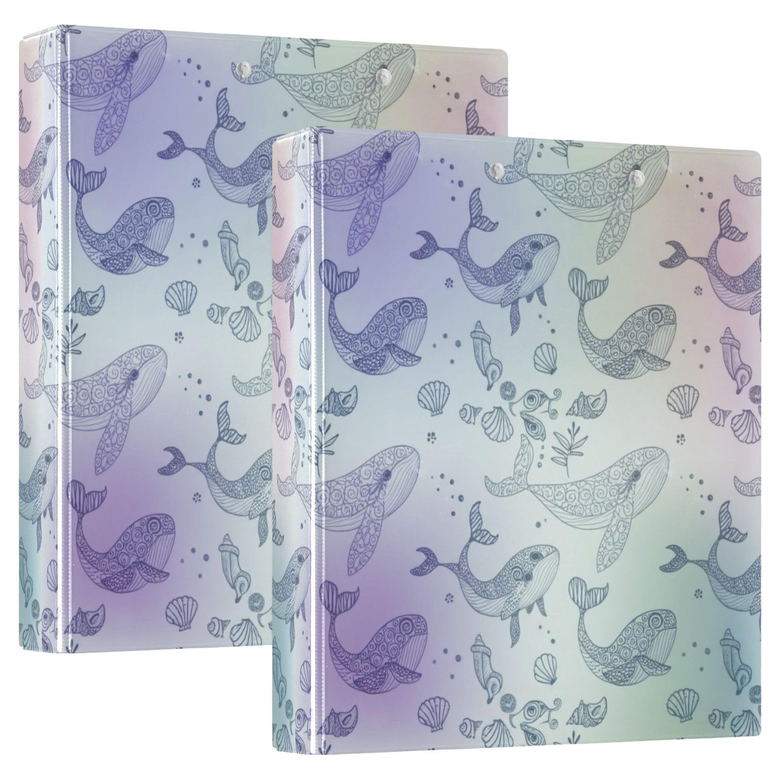 Cute Whales Pastell 3 Ring Binder 1.5 Inch, Flexible D Ring Binder with Pockets, 3 Ring Binders for School, College, Office (2 Pack)
