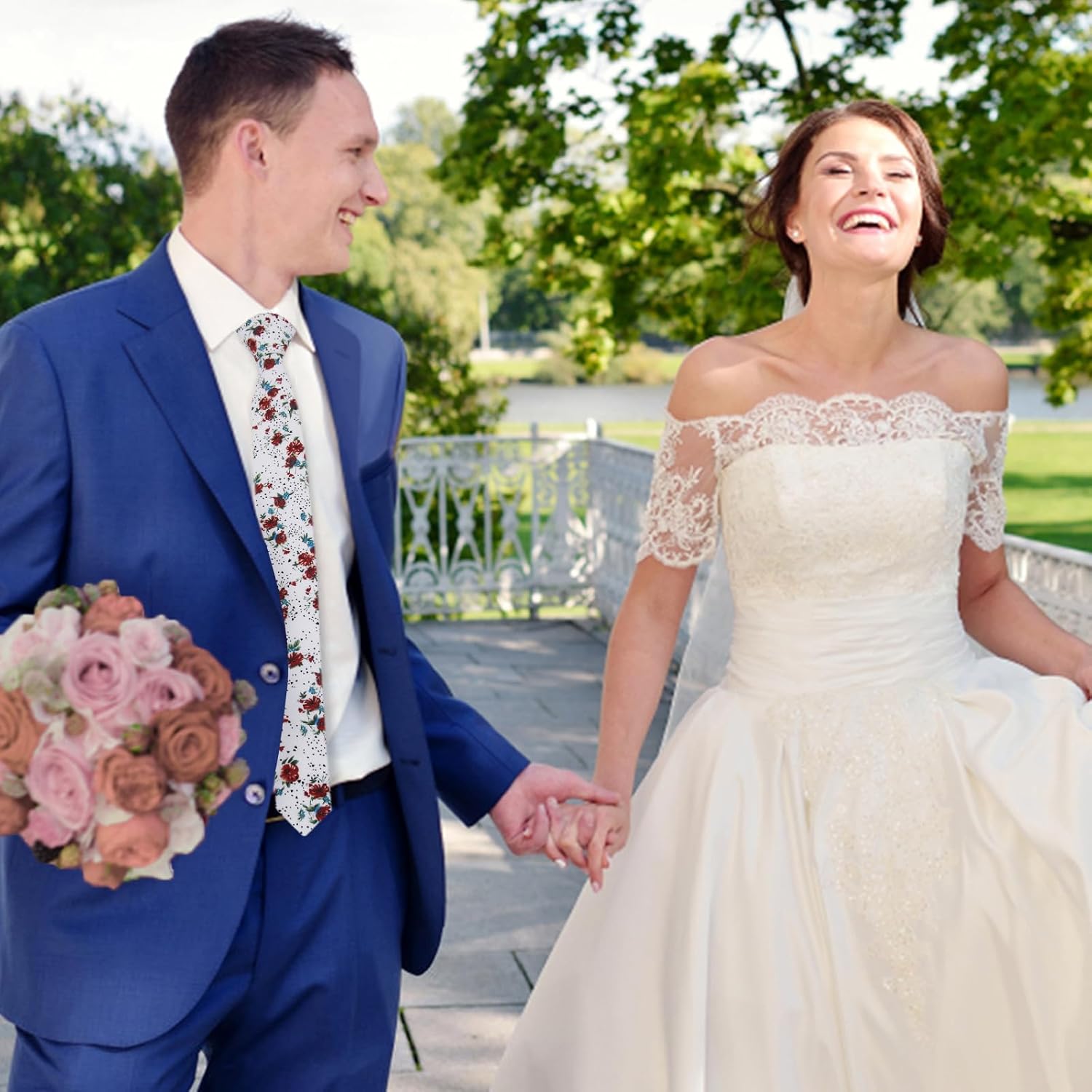 Mantieqingway Men Skinny Tie Cotton Floral Necktie for Wedding Groomsmen Tie 17