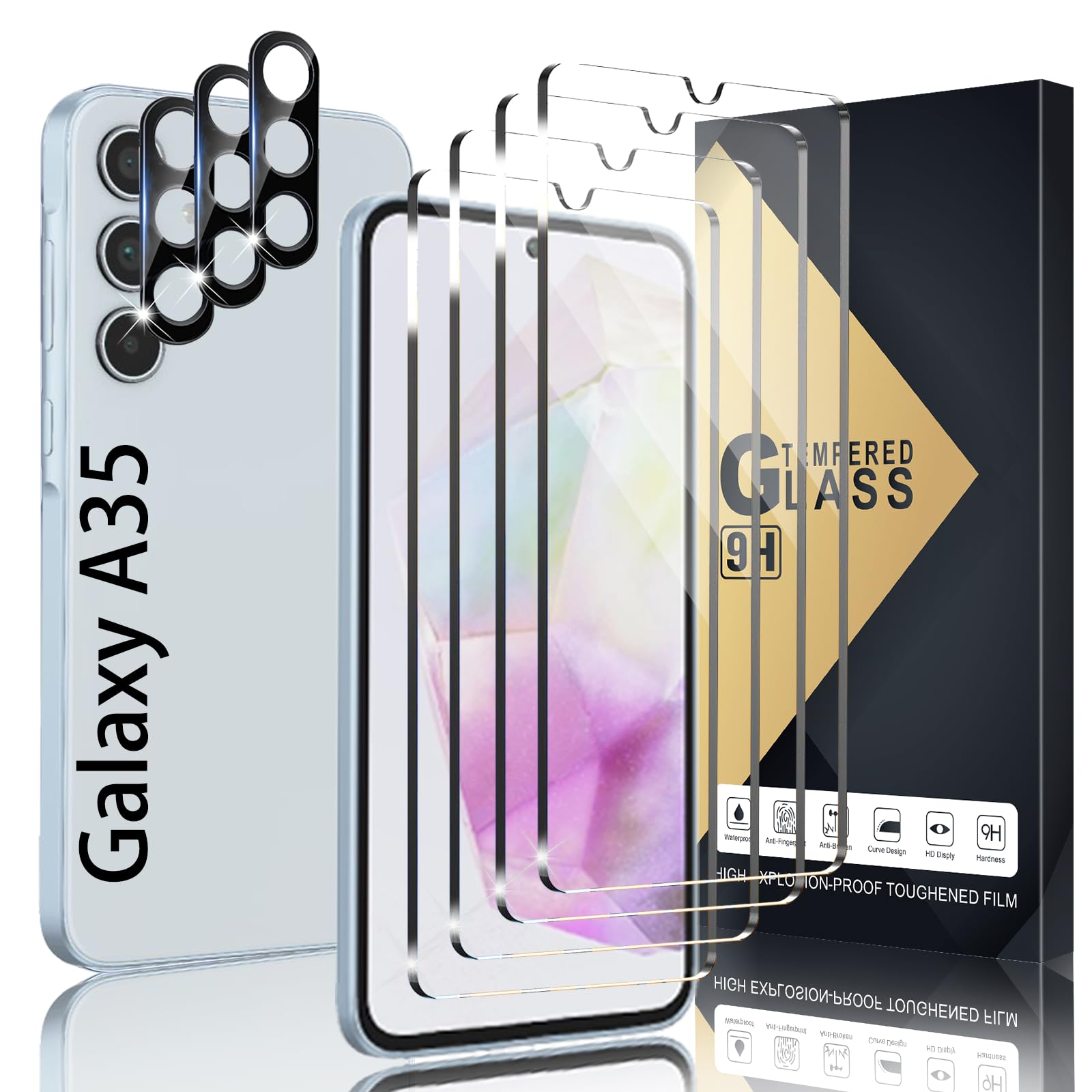 4+3 Pack Screen Protector Compatible with Galaxy A35, 4 Tempered Glass with 3 Camera Lens Protectors, High Clarity, Anti-Shatter, Bubble Free, Scratch
