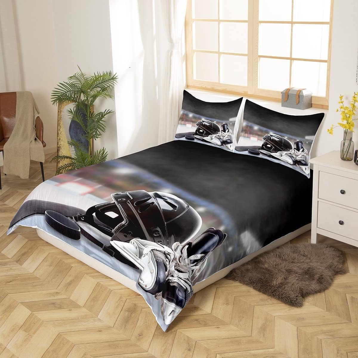 Wееklу Tор Sаlе Erosebridal Ice Hockey Comforter Cover Helmet Skates Bedding Set for Kids Boys Girls Young Man Winter Ice Sports Games Duvet Cover Child Bedroom Decor with 2 Pillow Cases Queen Size Black