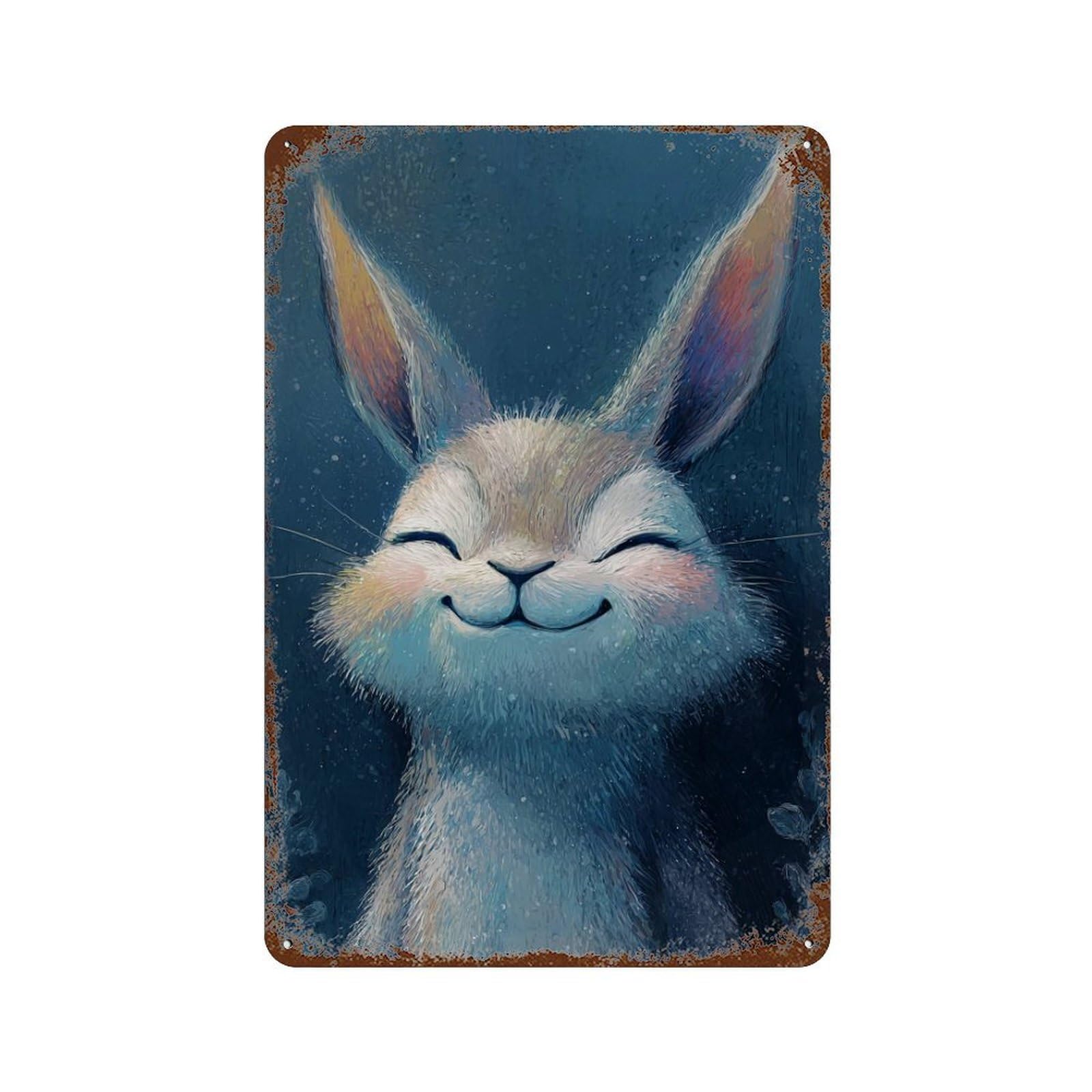 Rust Effect Smiling Bunny Illustration -1 Aged Metal Wall Plaque 11.8"x7.9", Classic Wall Plaque for Basement, Hobby Room And Garage Decor
