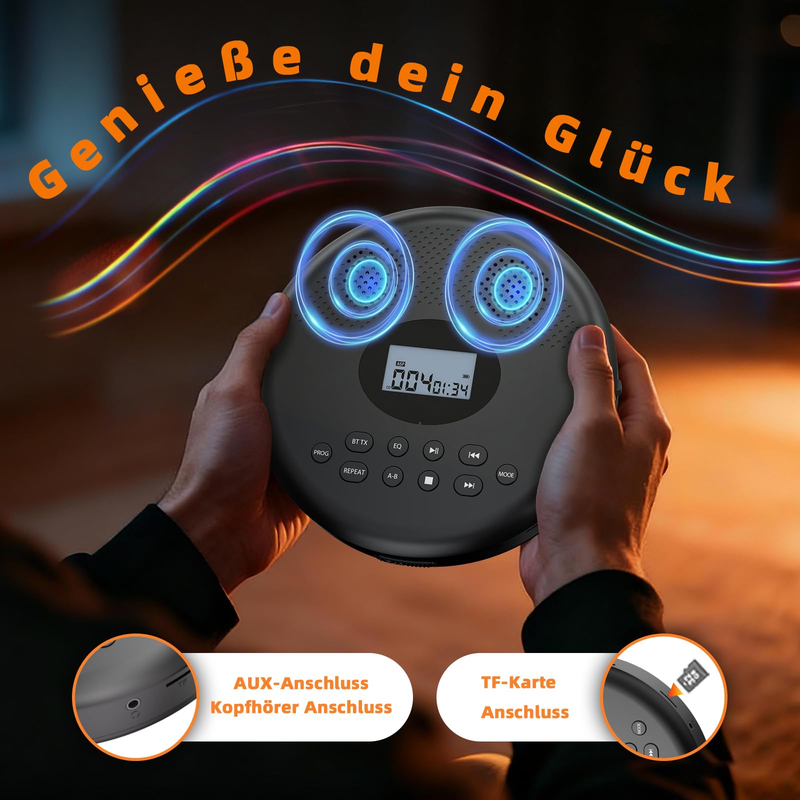 Arafuna Tragbarer CD-Player mit Bluetooth, wiederaufladbarer CD-Player mit Lautsprechern, Anti-Schock, LCD-Display, 7 Wiedergabemodi & 5 EQ, unterstützt TF & AUX, geeignet für Auto, Zuhause und Reise