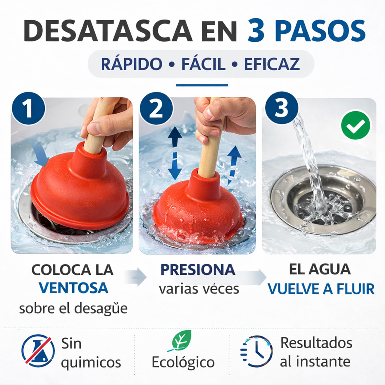 Desatascador Tuberias Profesional con Ventosa de Goma 11 cm y Mango de Madera 23 cm + Desatascador de Cremallera 45 cm – Ventosa Desagüe para Fregadero, Ducha y Lavabo — view 6