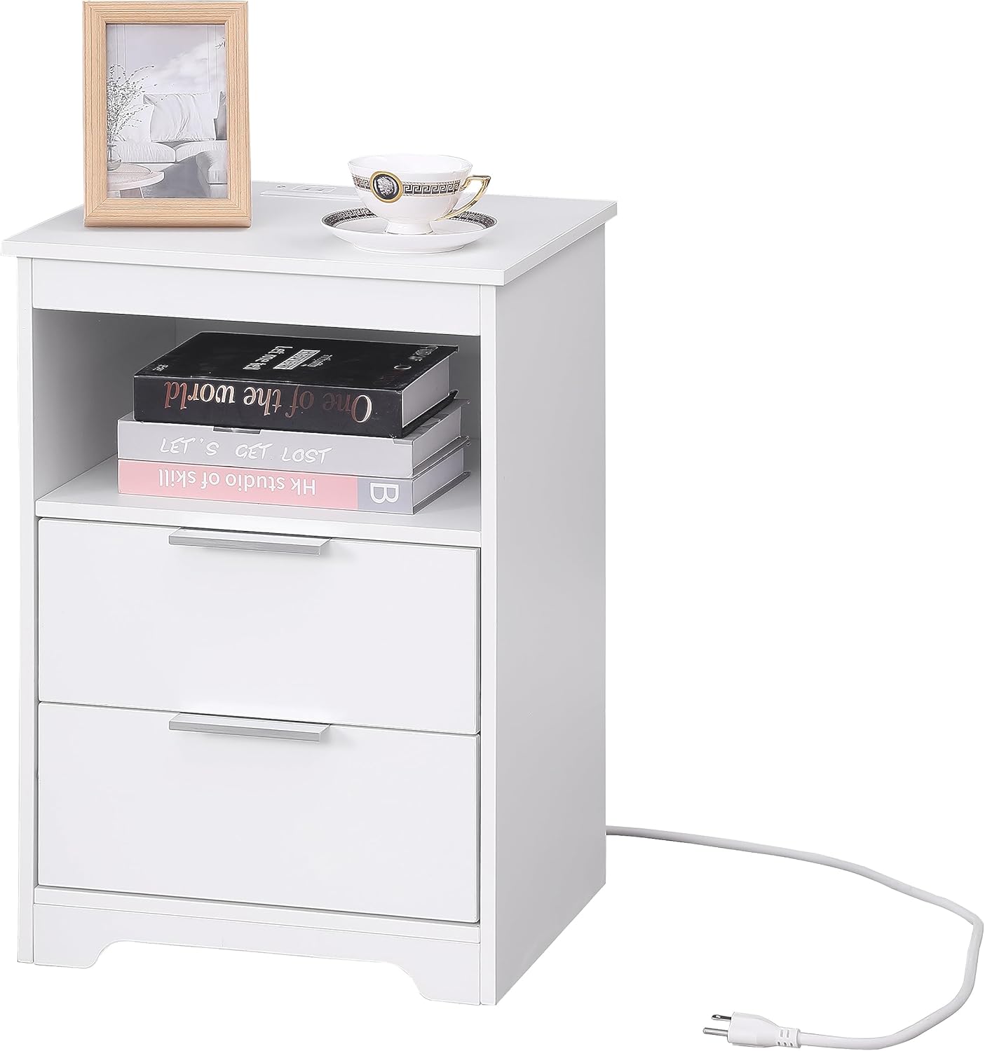 End Table White，with 2 Drawers and Large Storage Space TC02WET