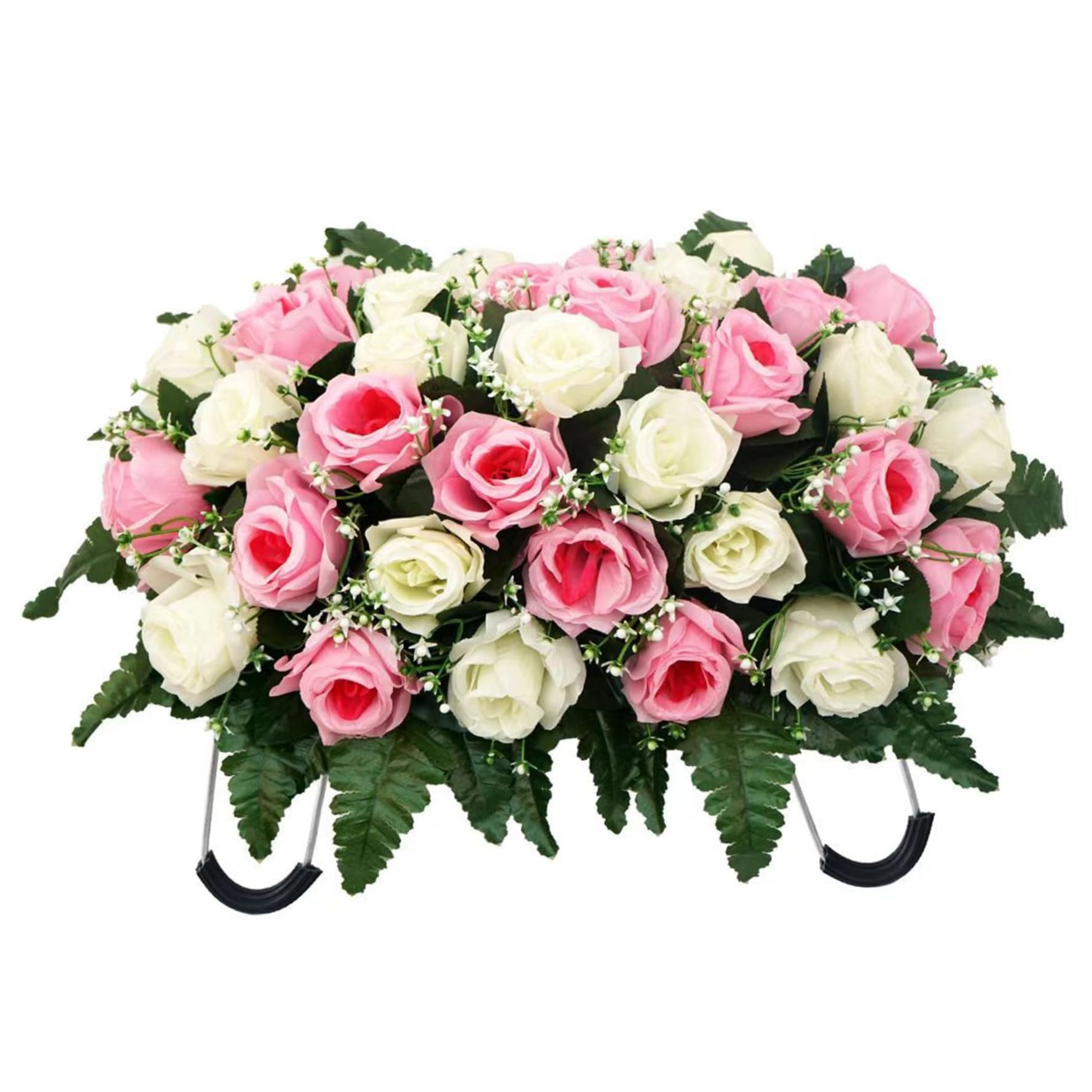 Comebachome Headstone Flower Saddle, Artificial Headstone Flowers with 34 Realistic Roses for Grave Decor, Adjustable & Long-Lasting Memorial Floral Arrangement, Summer Use