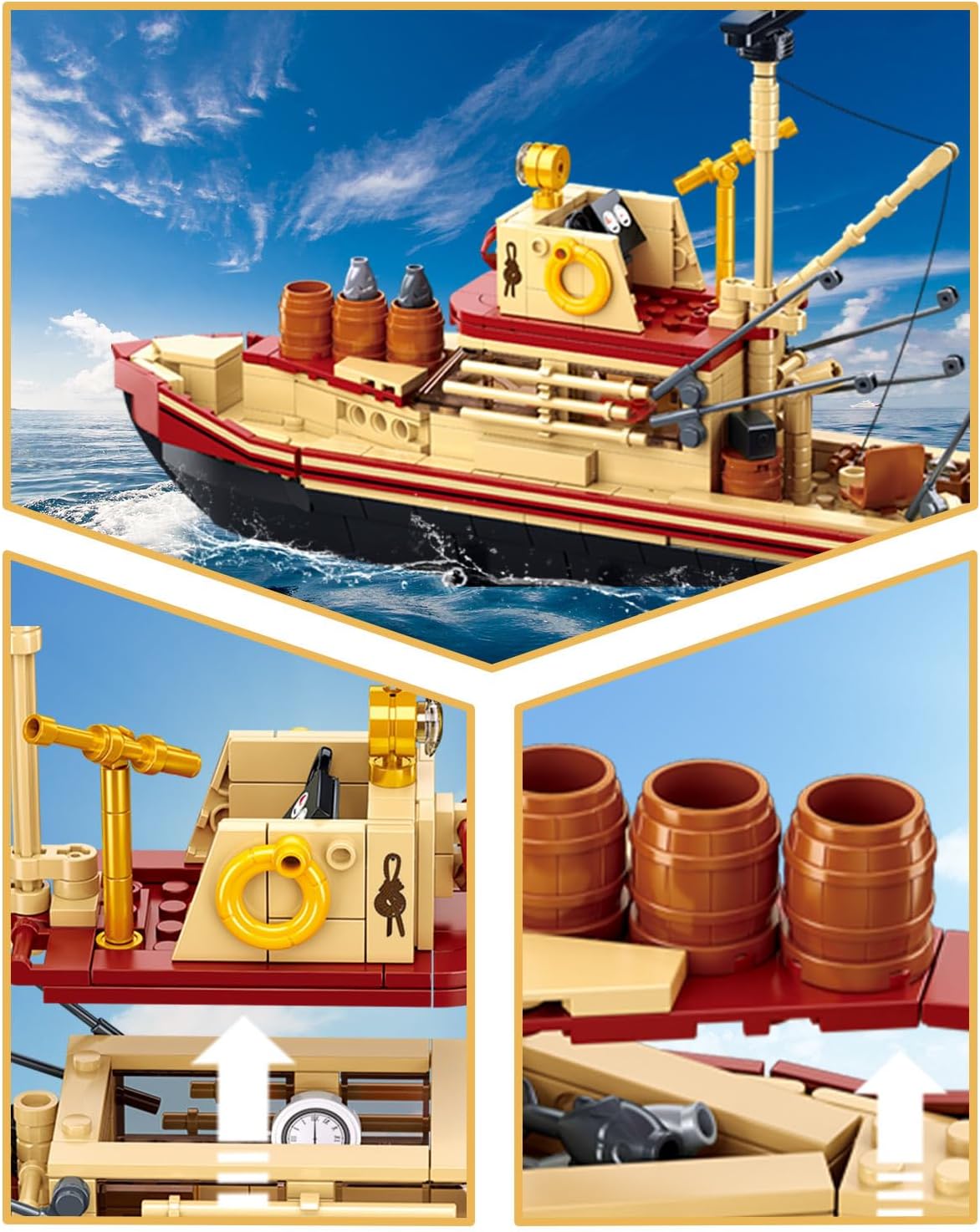 Fishing Boat Building Toy with Shark, Fishing Ship Building Kit with 3 Fisherman Minifigures, Birthday Valentine's Day Gifts for Adults Kids, Compatible with Lego Boat, 592 PCS