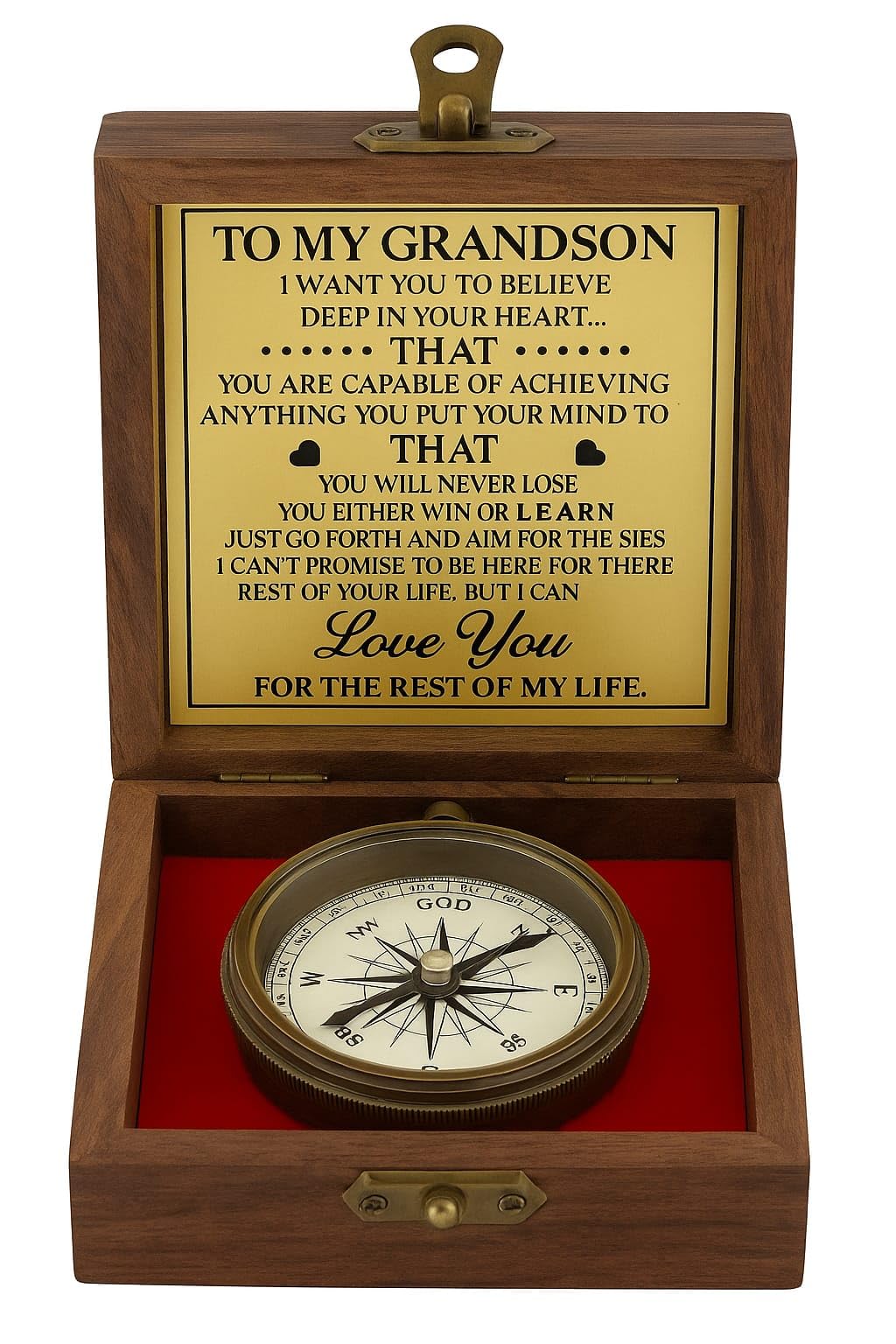 Smizzy Antiqued Brass Pocket Grandson Compass with Wooden Case Engraved with Love You - Vintage Style Home Decor Gift-picture-16