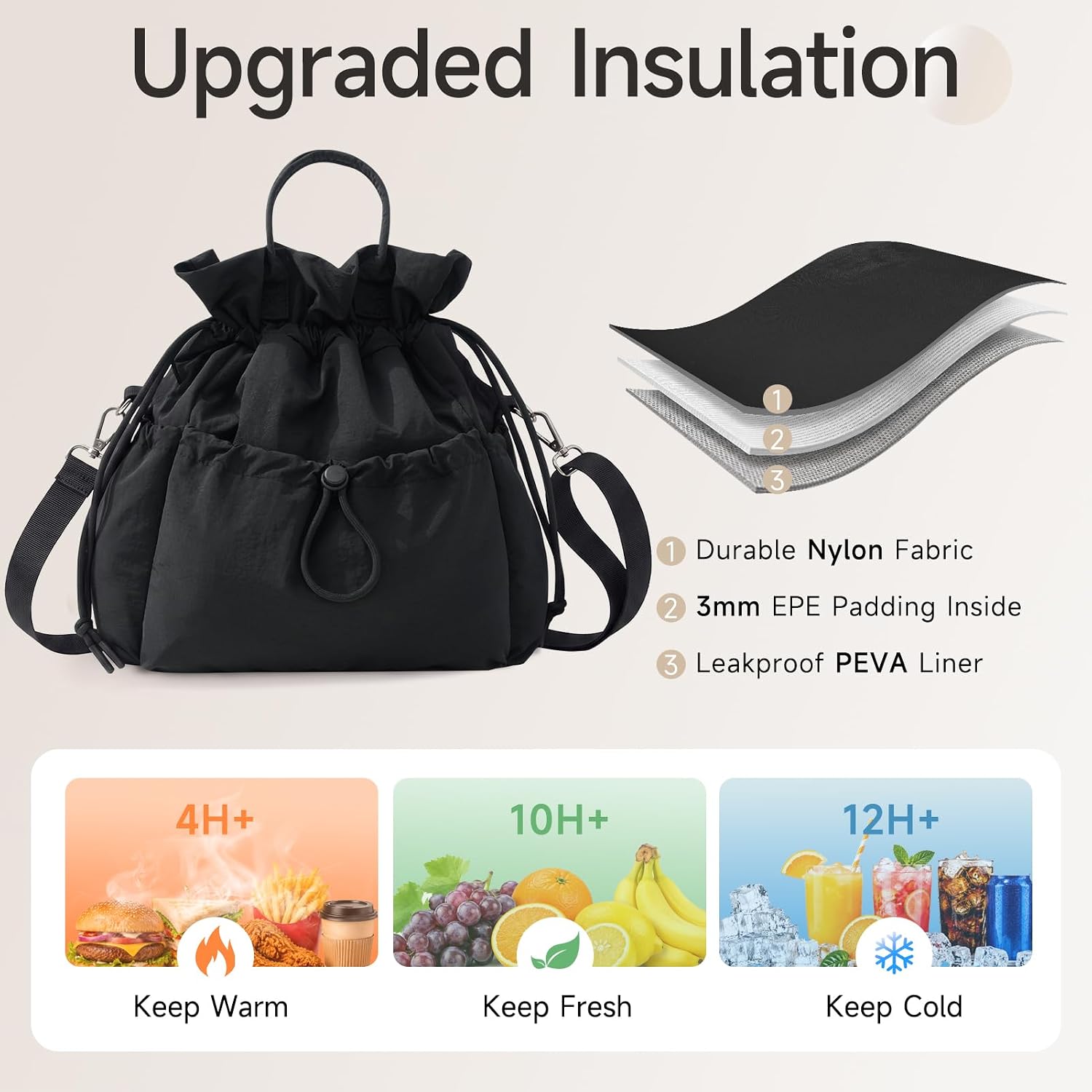 Insulated Lunch Box Adults Drawstring Crossbody Leakproof for Work Black