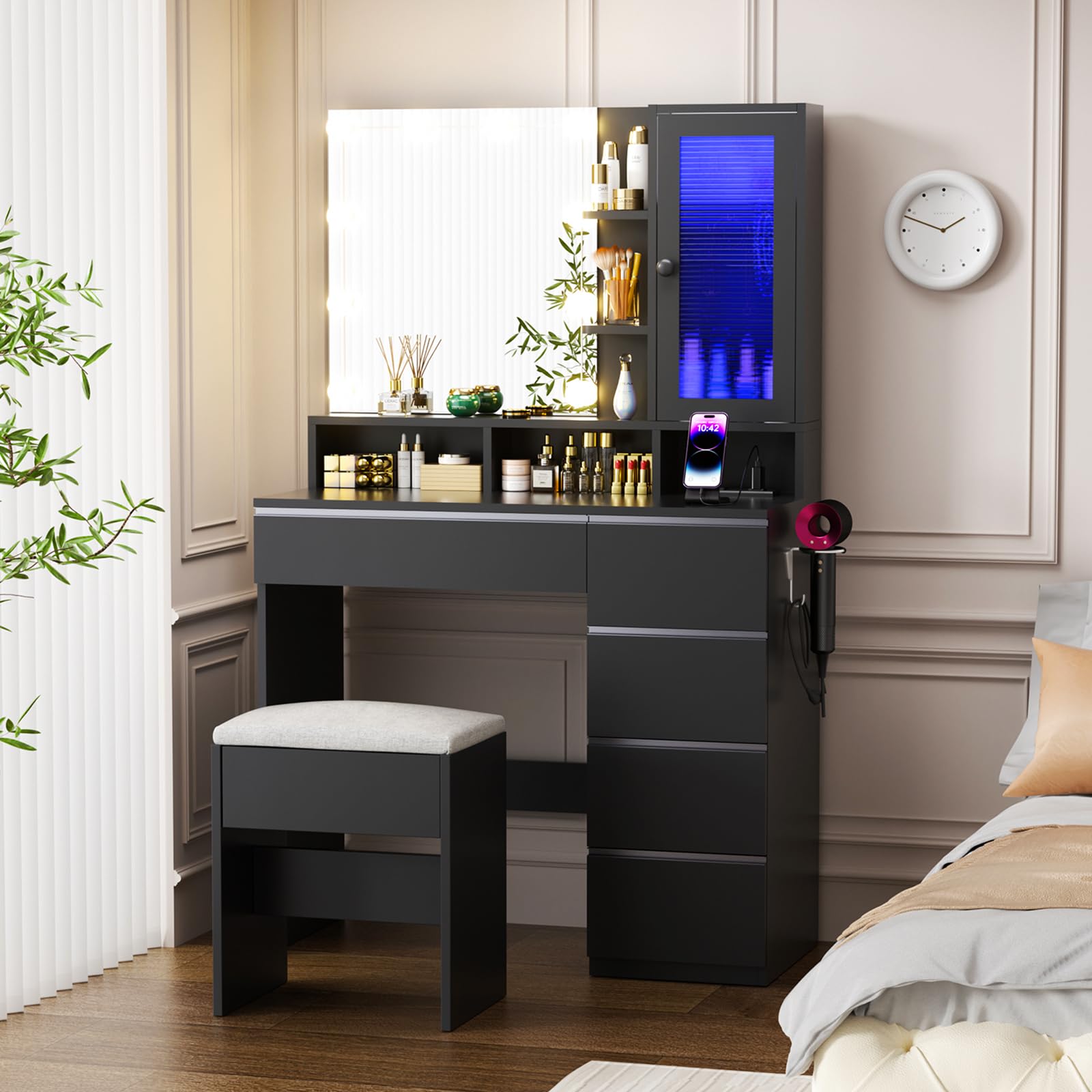 ERLEJIA Vanity Desk with LED Lights Mirror, 35.43